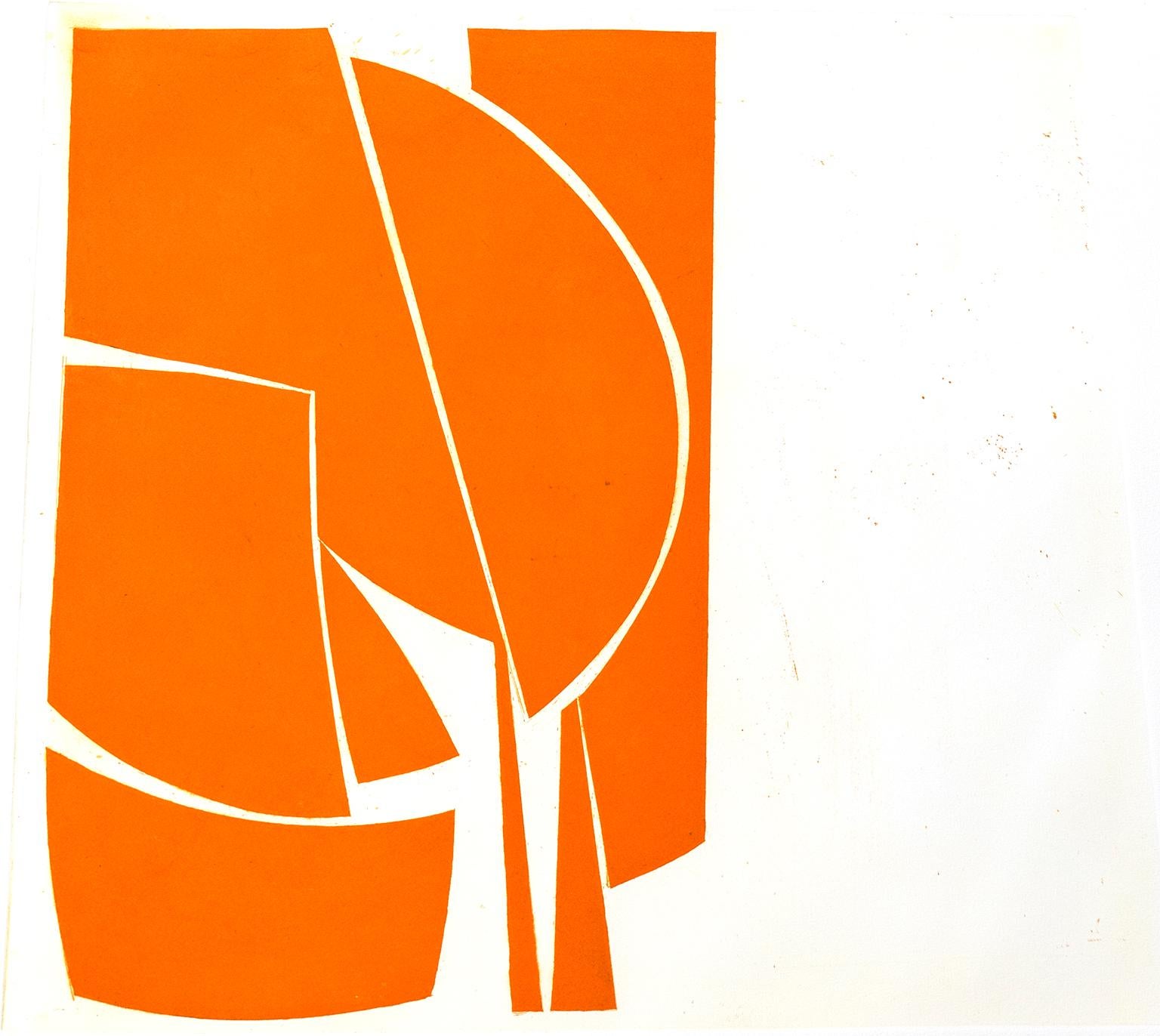 “Covers One Orange”, abstract aquatint print, mid-century modern, yellow orange - Print by Joanne Freeman