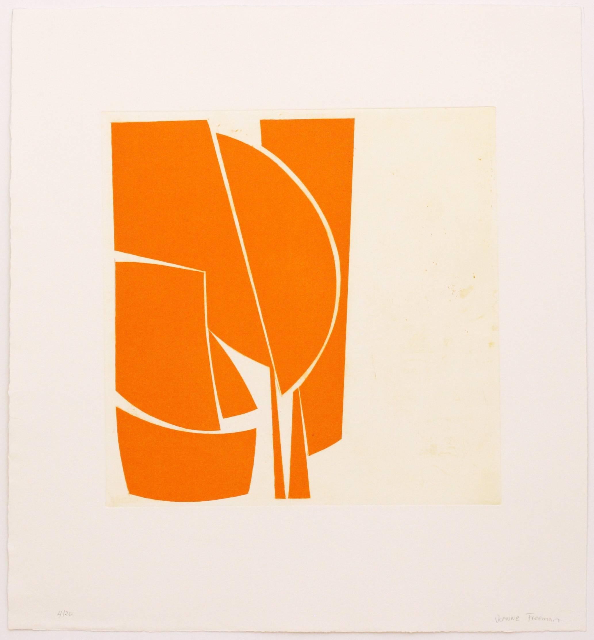 Joanne Freeman Abstract Print - “Covers One Orange”, abstract aquatint print, mid-century modern, yellow orange