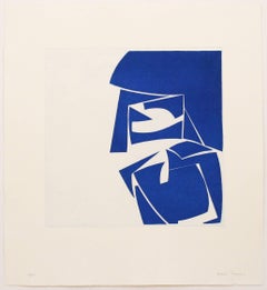 "Covers Three Cobalt", abstract aquatint print, mid-century modern, blue.