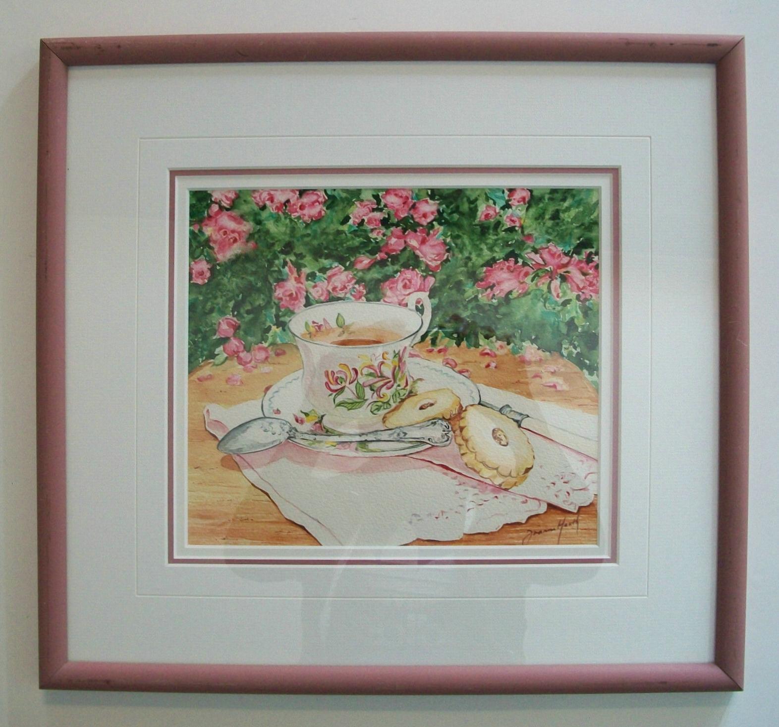 Joanne Heath-Menger- 'Afternoon Tea' - Vintage Aquarell über Graphit auf Papier - signiert unten rechts - signiert und betitelt verso - Galerie/Katalognummer verso W/C 121-4 - fertiggestellt mit drei abgeschrägten, matten Tafeln - mattierter