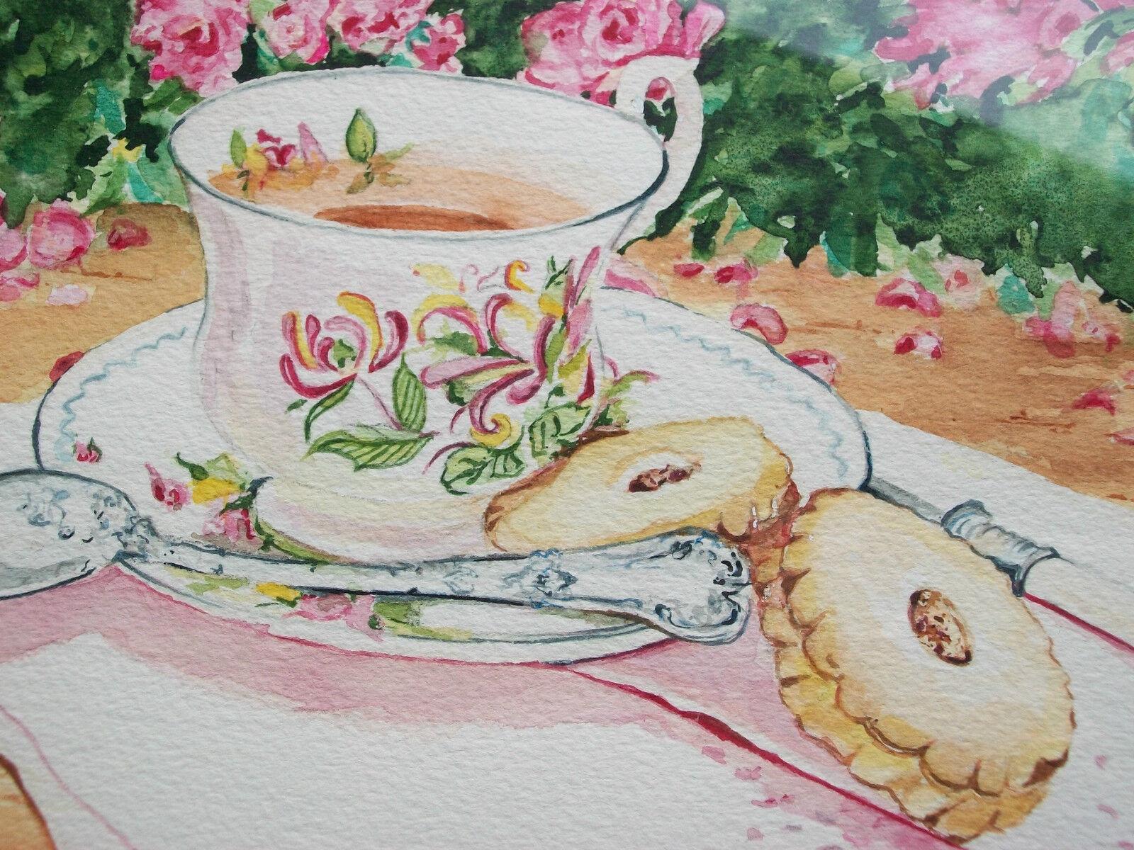 Romantic Joanne Heath-Menger, Afternoon Tea, Watercolor Painting, Canada, Circa 1980 For Sale