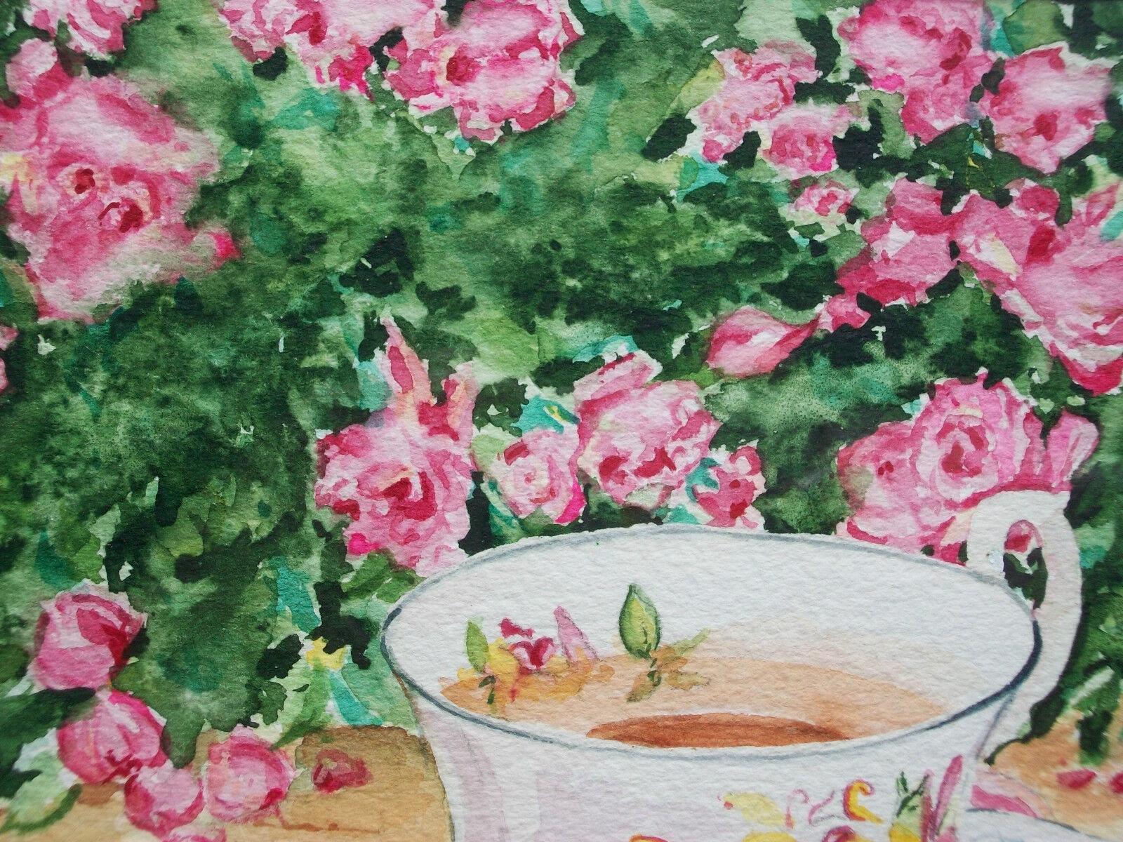 Hand-Painted Joanne Heath-Menger, Afternoon Tea, Watercolor Painting, Canada, Circa 1980 For Sale