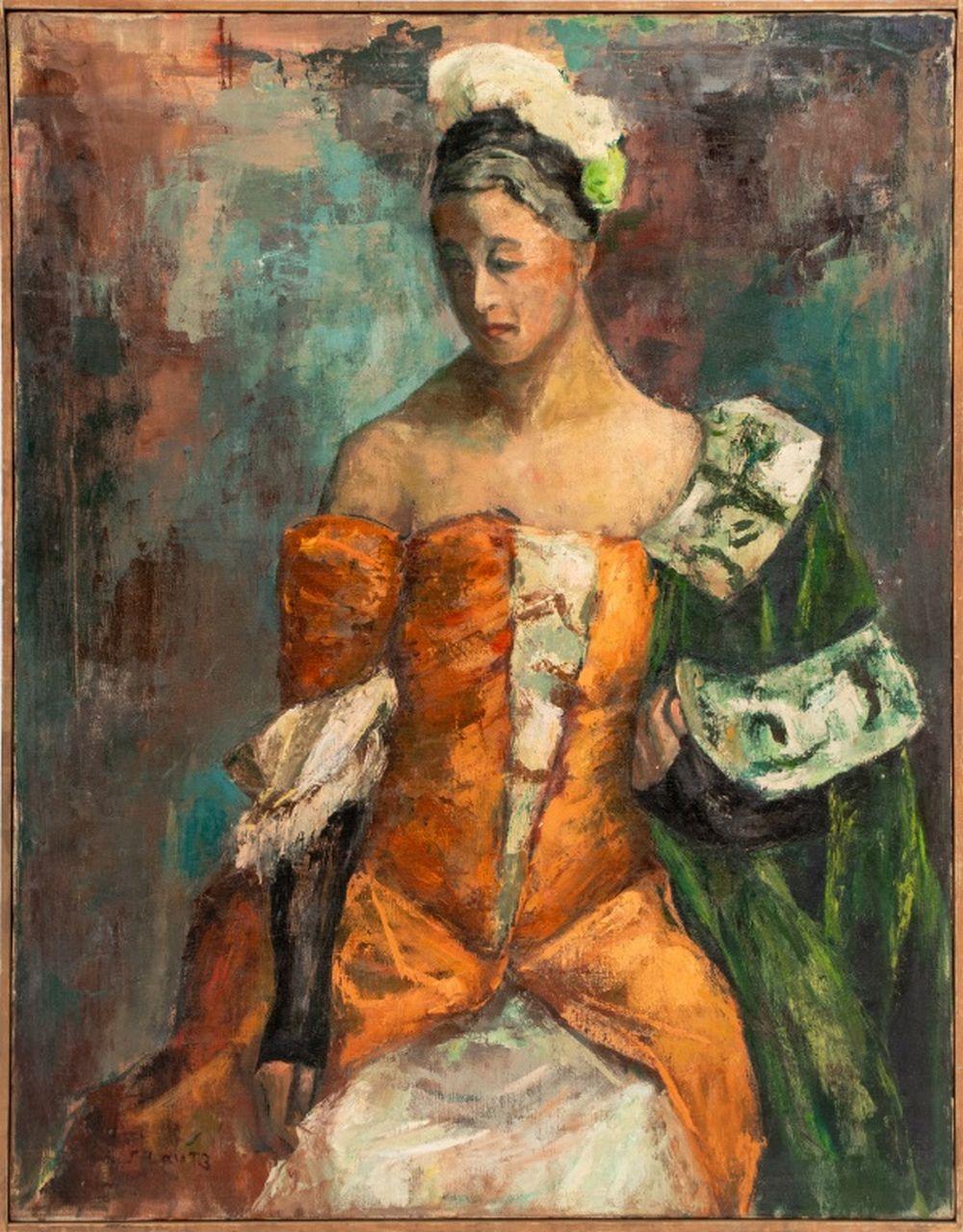 Joanne Lautz Sikes Figurative Painting - "Leona in Orange and Green Costume"