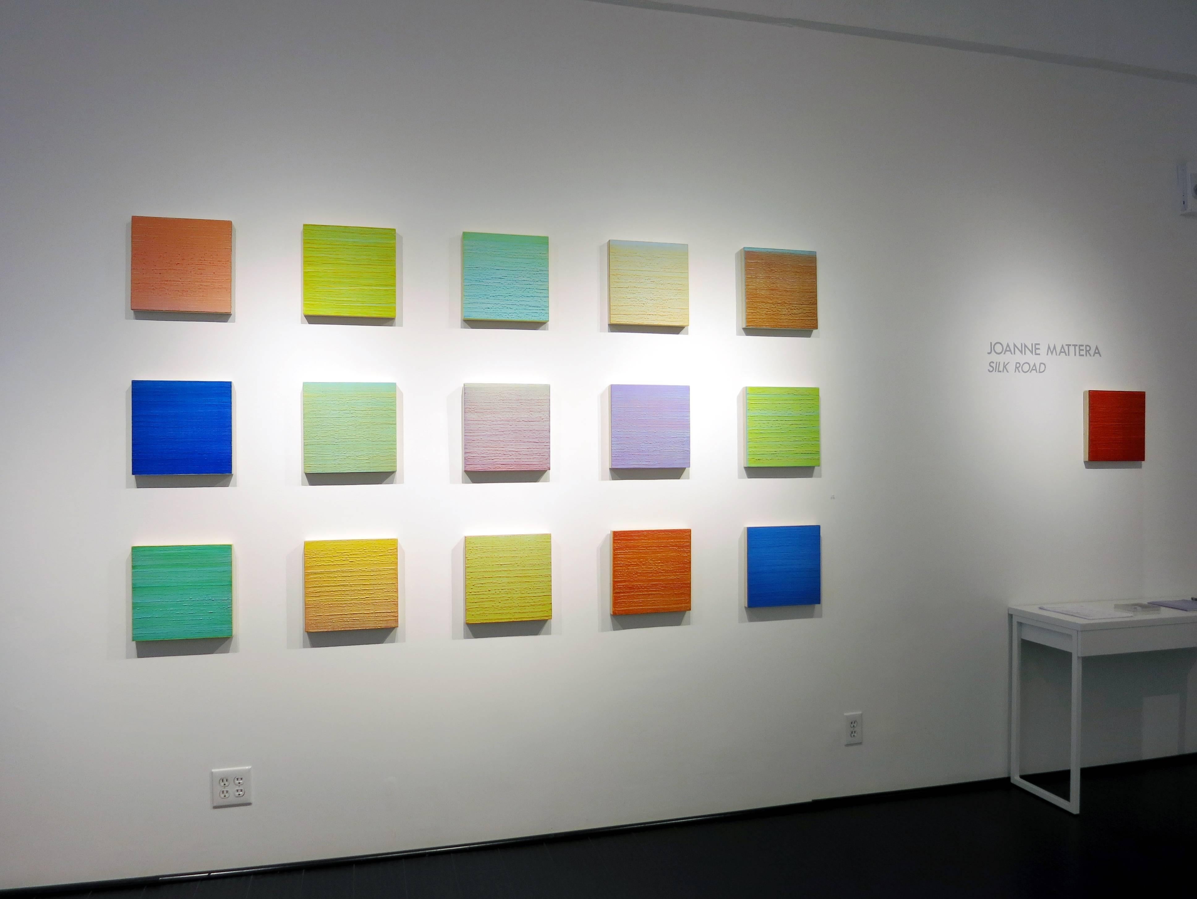 Route de la soie 223 - Peinture à l'encaustique bleu poudre clair rose corail, 2014. en vente 1