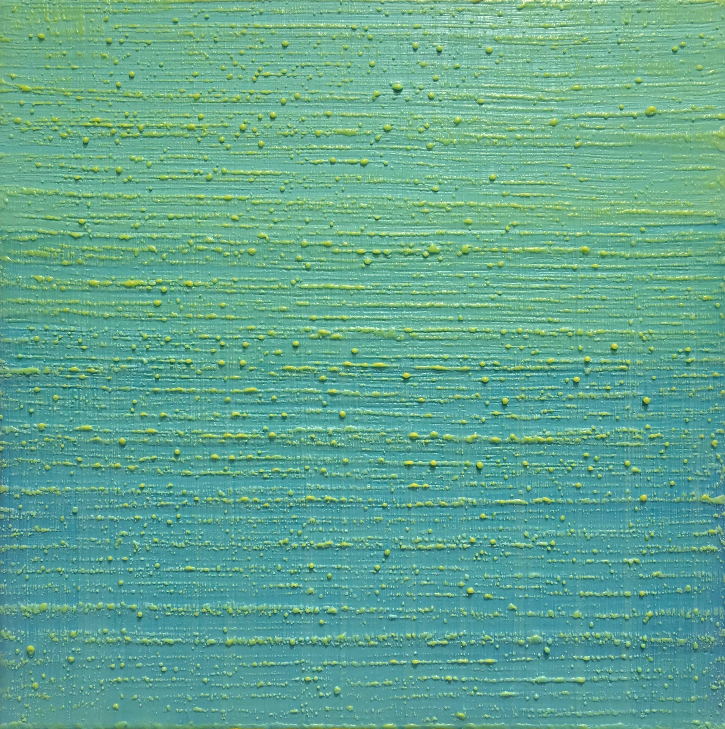 Silk Road 241, Square Color Field Encaustic Painting in Teal Blue, Lime Green For Sale 2