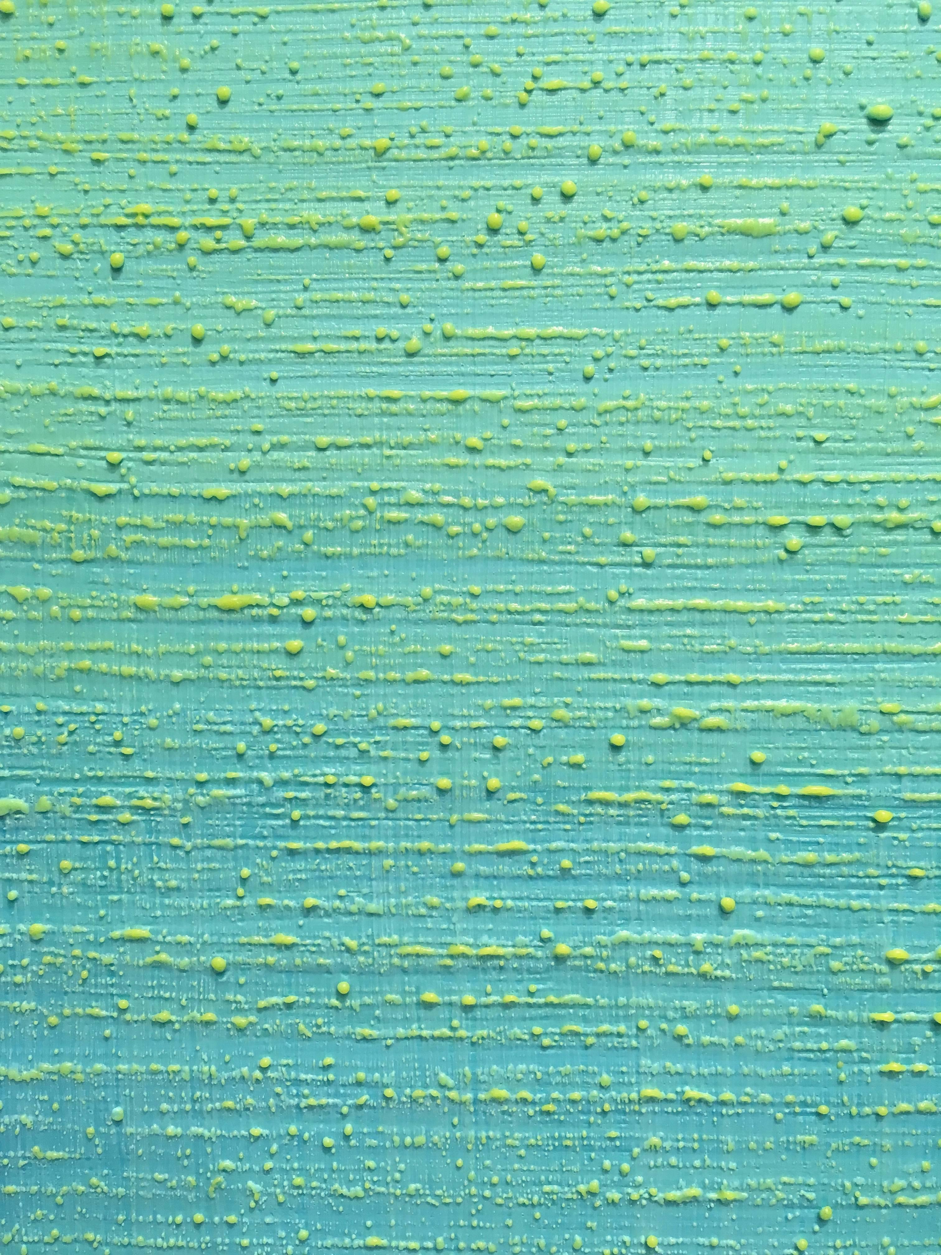 Silk Road 241, Square Color Field Encaustic Painting in Teal Blue, Lime Green For Sale 3