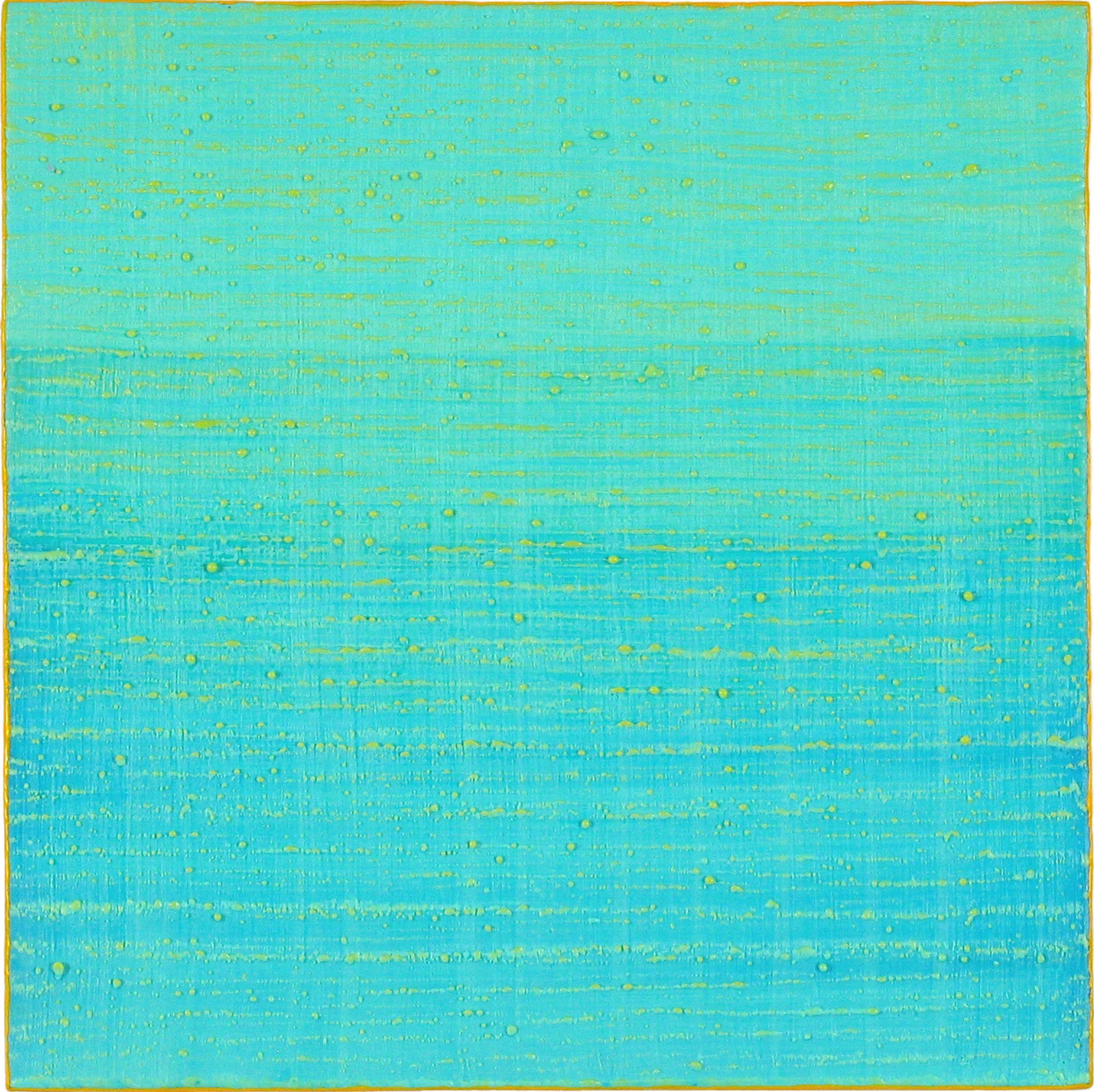 This is a vibrant teal blue and light green encaustic (pigmented beeswax) painting on birch panel is accented with luminous lime green details along the edge. Signed, dated and titled on verso.

Joanne Mattera’s paintings can be described as lush