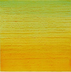 Silk Road 252, Square Encaustic Color Field Painting in Green, Yellow, Orange