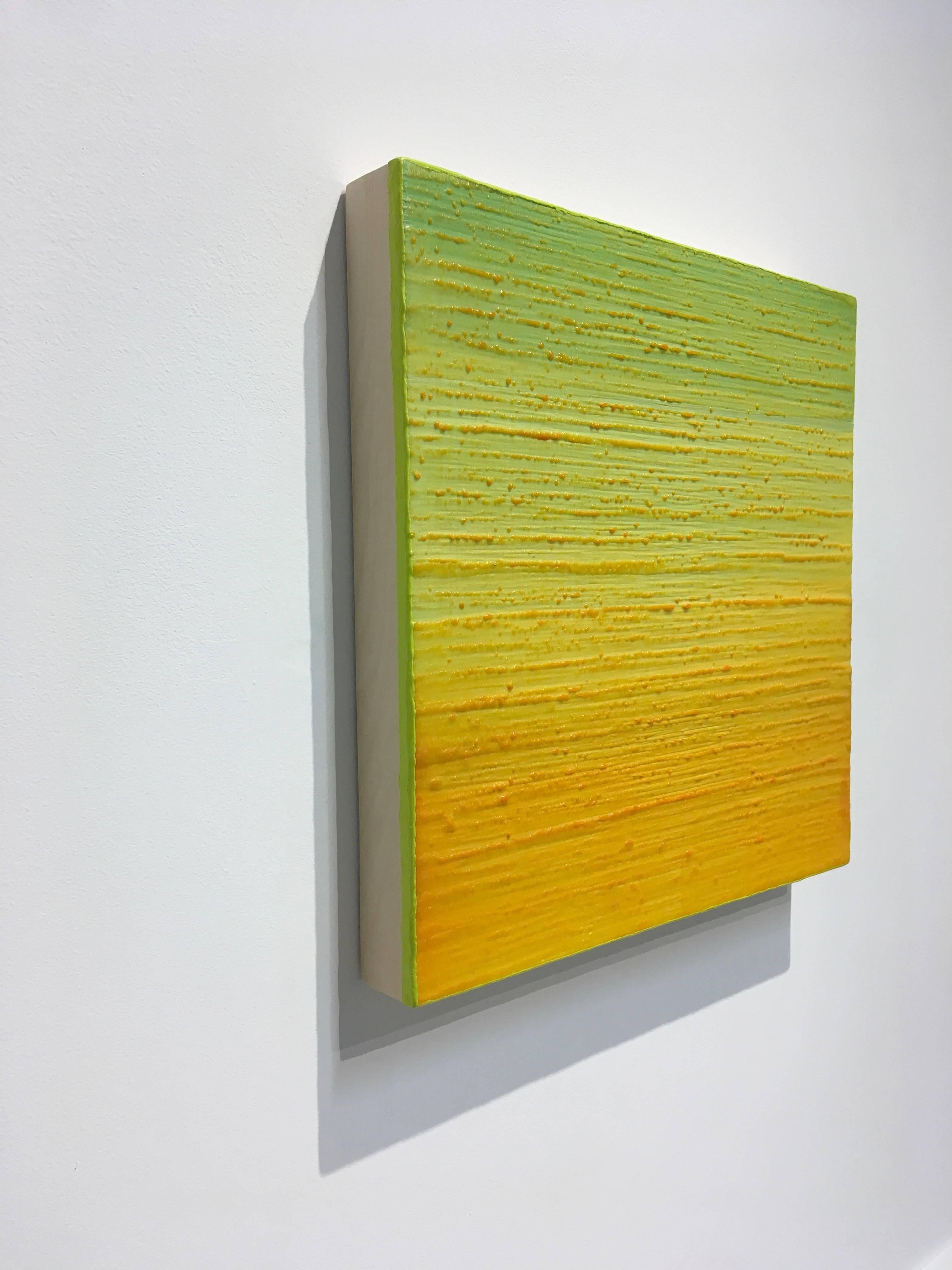 A vibrant orange, yellow and light green encaustic (pigmented beeswax) painting on birch panel accented with lime green edges. Signed, dated and titled on verso.

Joanne Mattera’s paintings can be described as lush minimalism, the work is