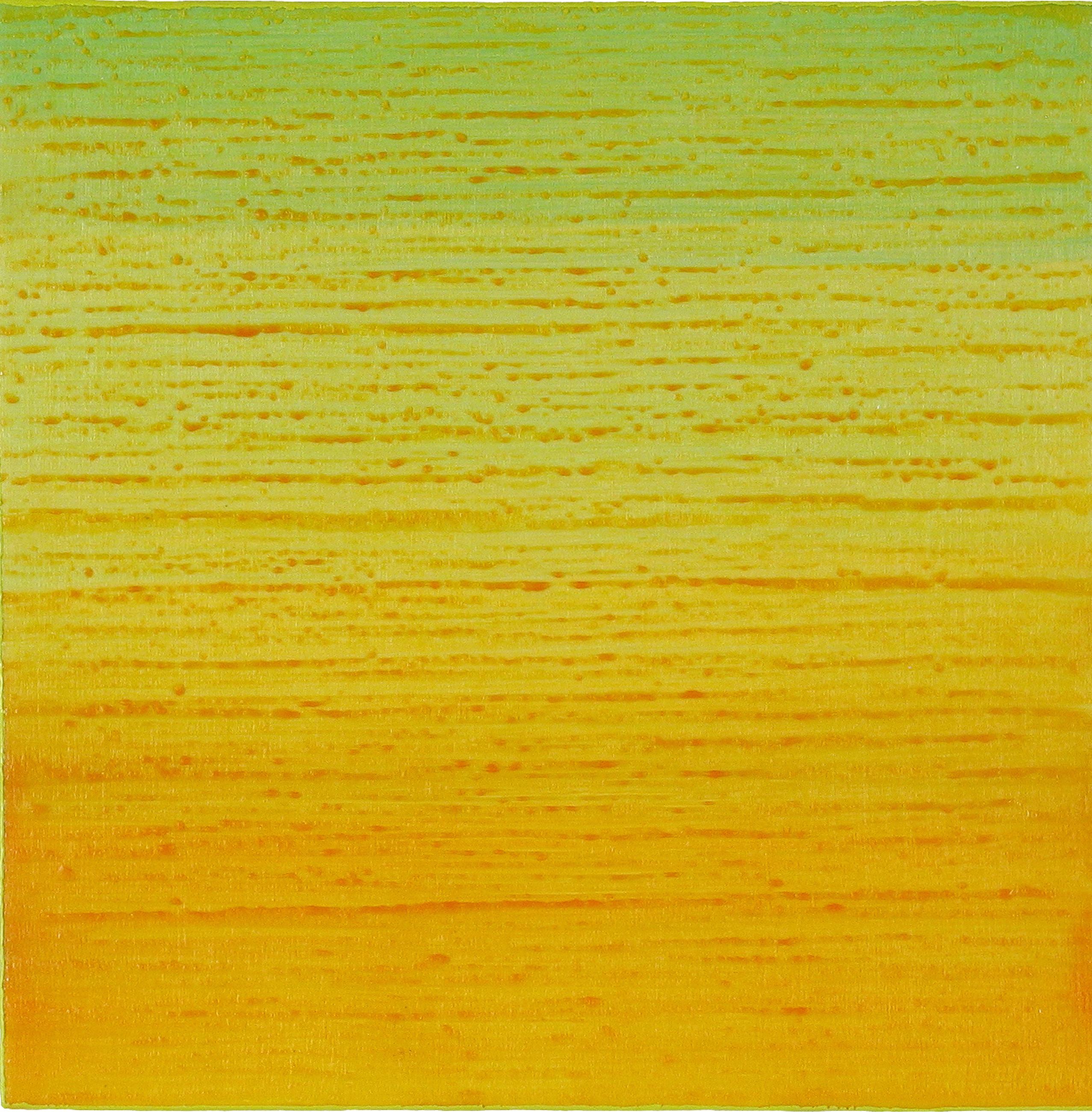 Joanne Mattera Abstract Painting – Seidenstraße 252, Quadratisches Farbfeldgemälde in Wachs, Grün, Gelb, Orange