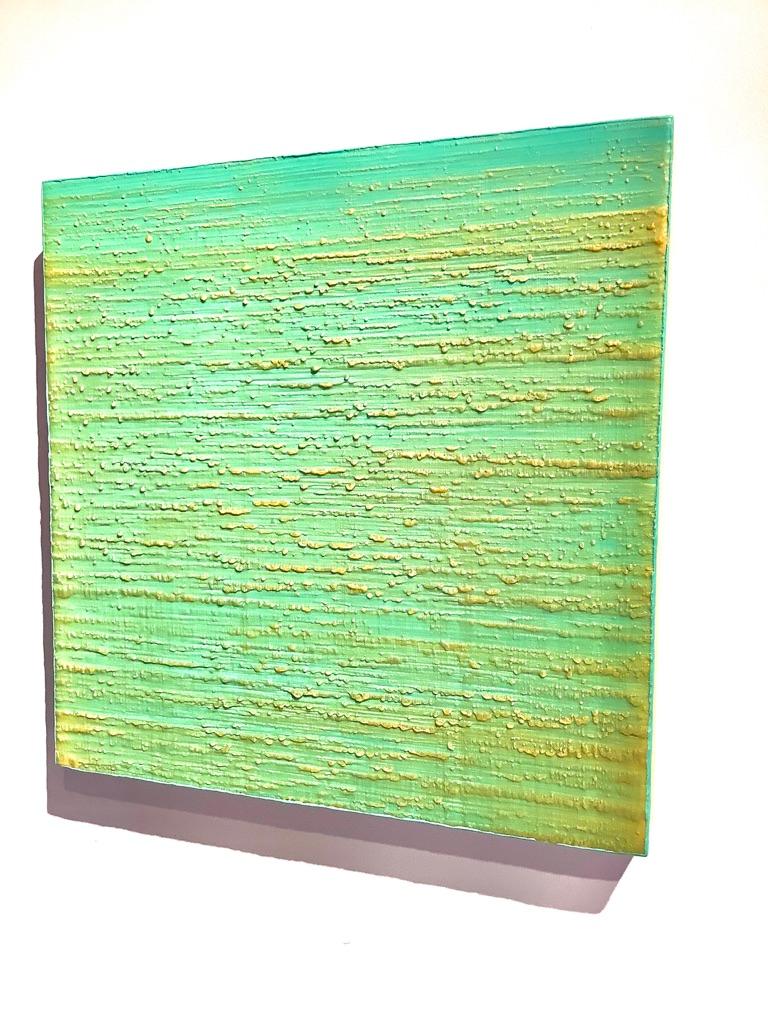 Silk Road 261, Aqua Green, Pale Yellow Encaustic Color Field Square Painting For Sale 1