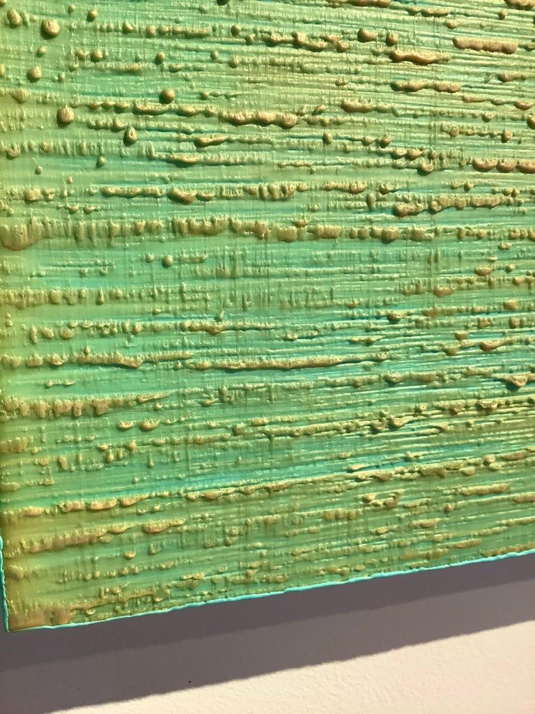 Peinture carrée « Silk Road 261 », vert aqua, jaune pâle, couleur à l'encaustique en vente 4
