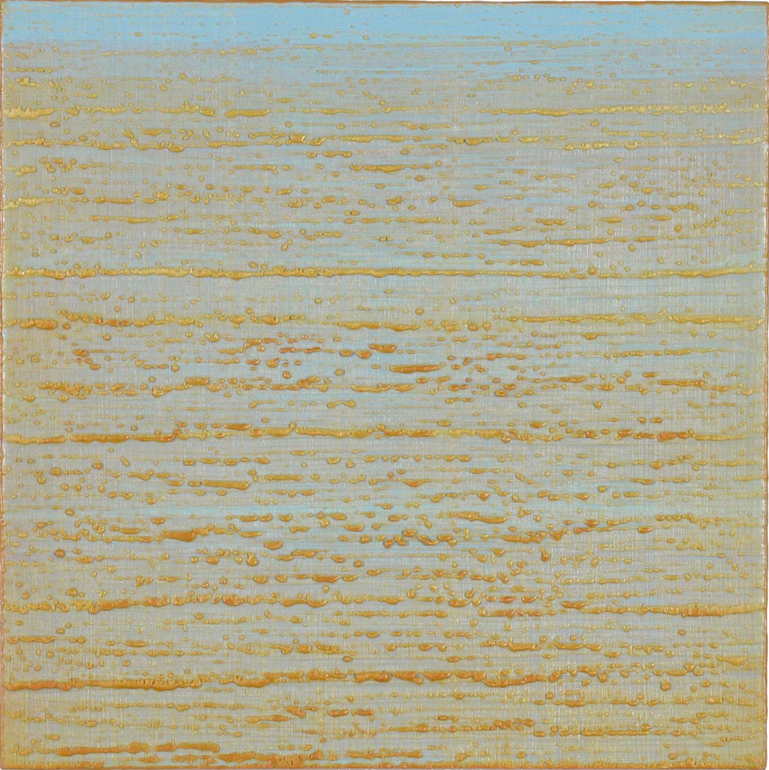 Light blue and pale golden yellow encaustic (pigmented beeswax) painting on birch panel accented with light orange highlights and pale peach edges. Signed, dated and titled on verso.

Joanne Mattera’s paintings can be described as lush minimalism,