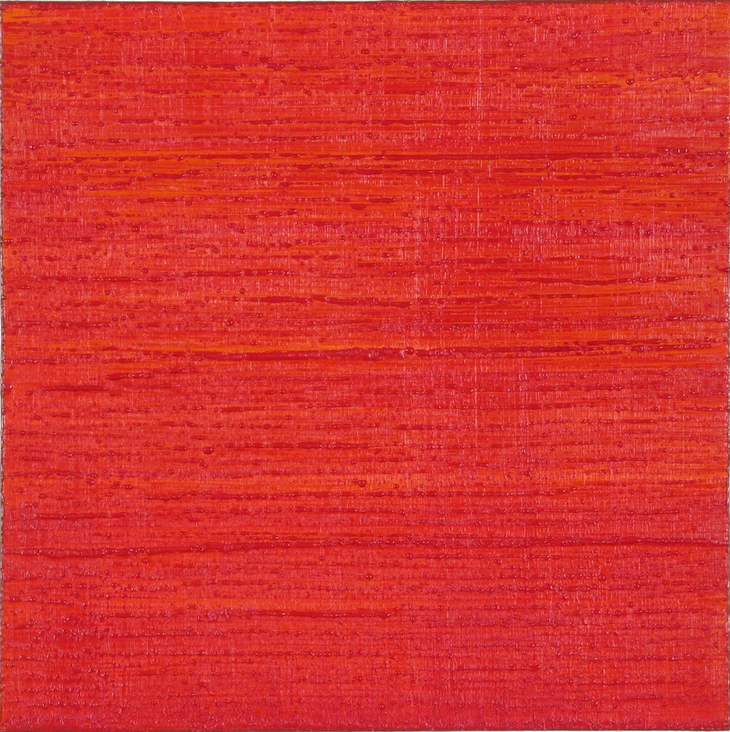 This is a vibrant, crimson red encaustic (pigmented beeswax) painting on birch panel with dark burgundy around the edge and light, golden orange highlights throughout the surface. Signed, titled and dated on verso.

Joanne Mattera’s paintings can be