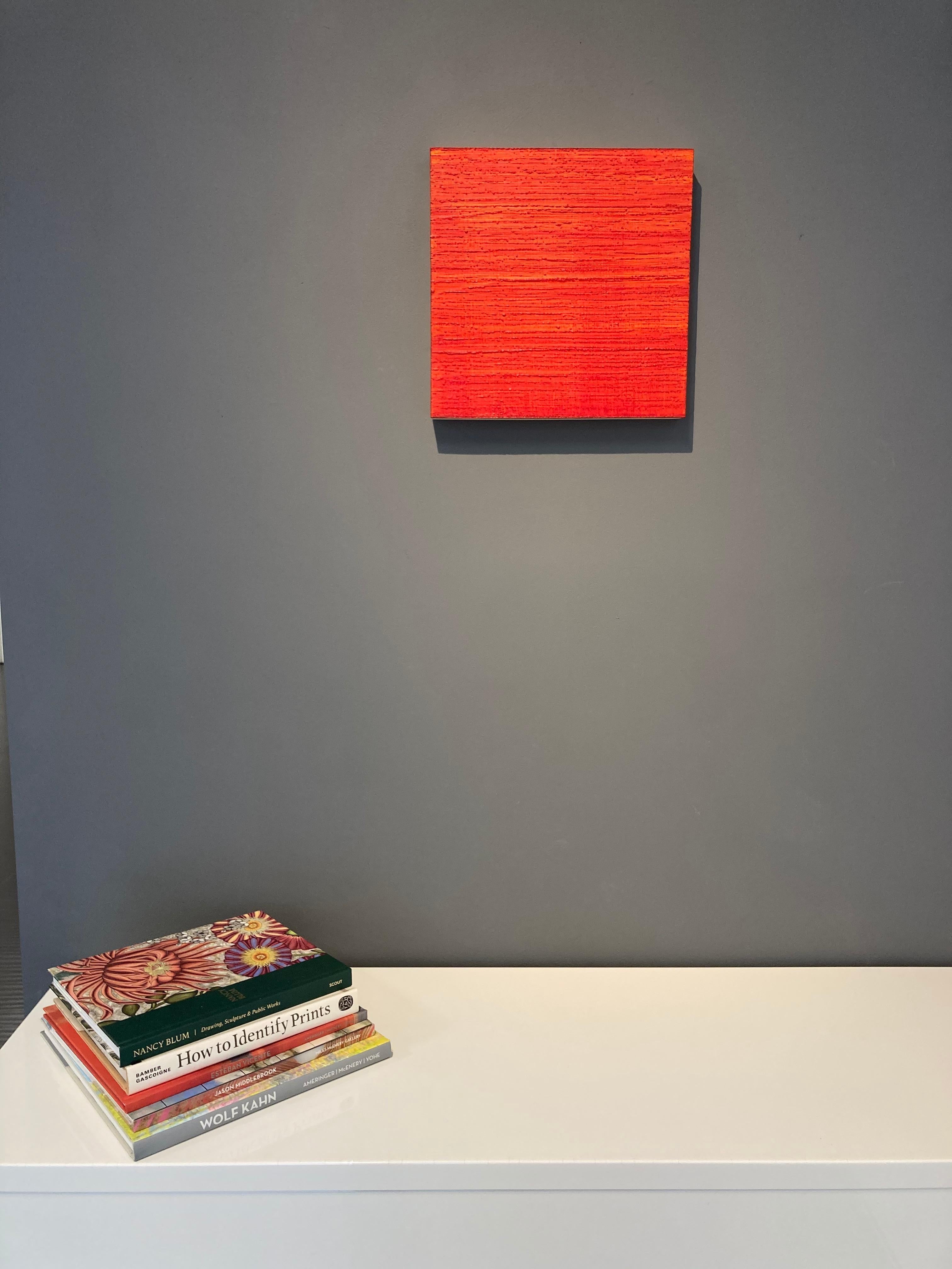 This is a vibrant, crimson red encaustic (pigmented beeswax) painting on birch panel with dark burgundy and light, golden orange accents. Signed, titled and dated on verso.

Joanne Mattera’s paintings can be described as lush minimalism, the work is