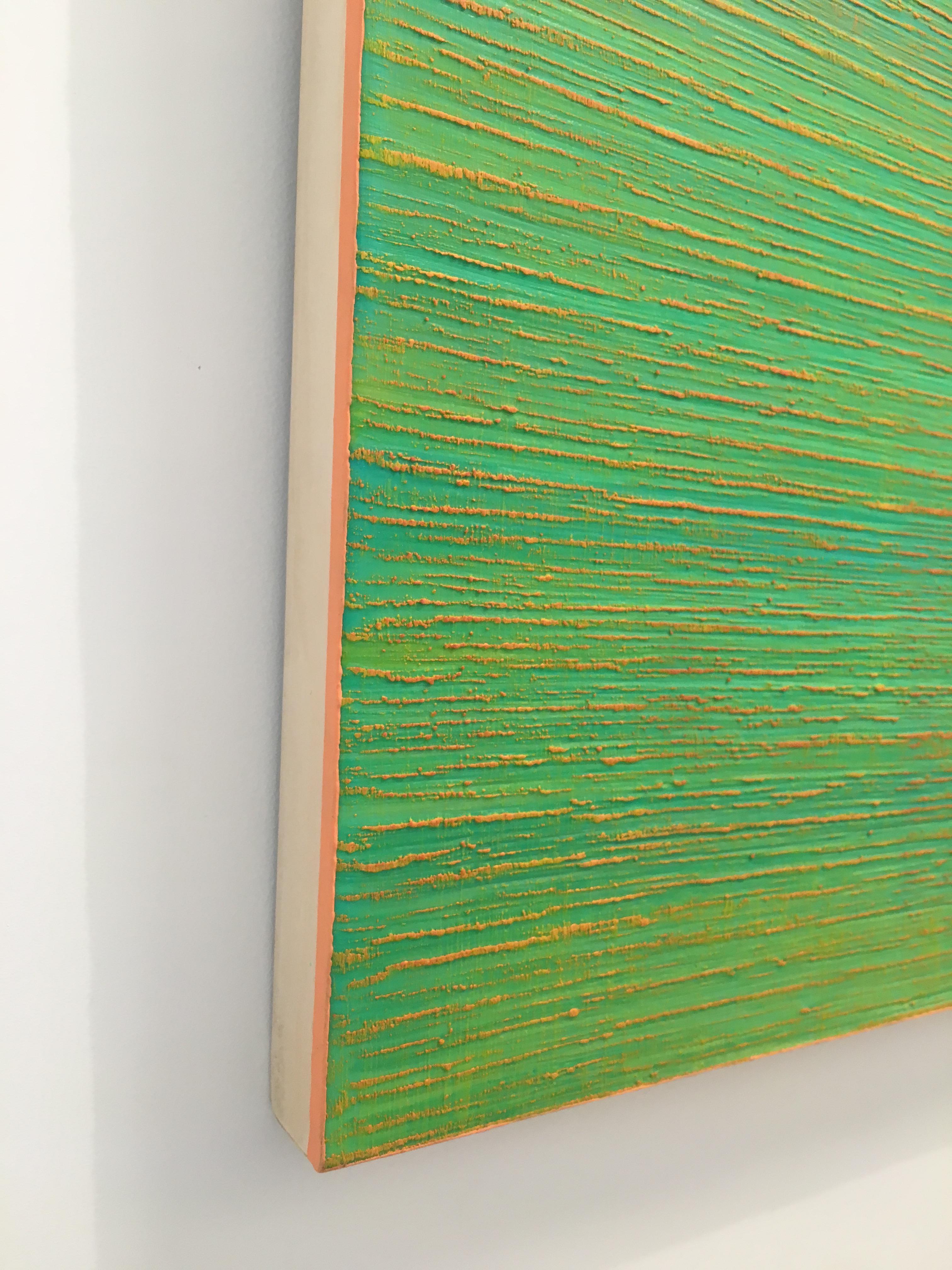 Silk Road 356, Square Color Field Painting Bright Green, Peach Coral For Sale 1