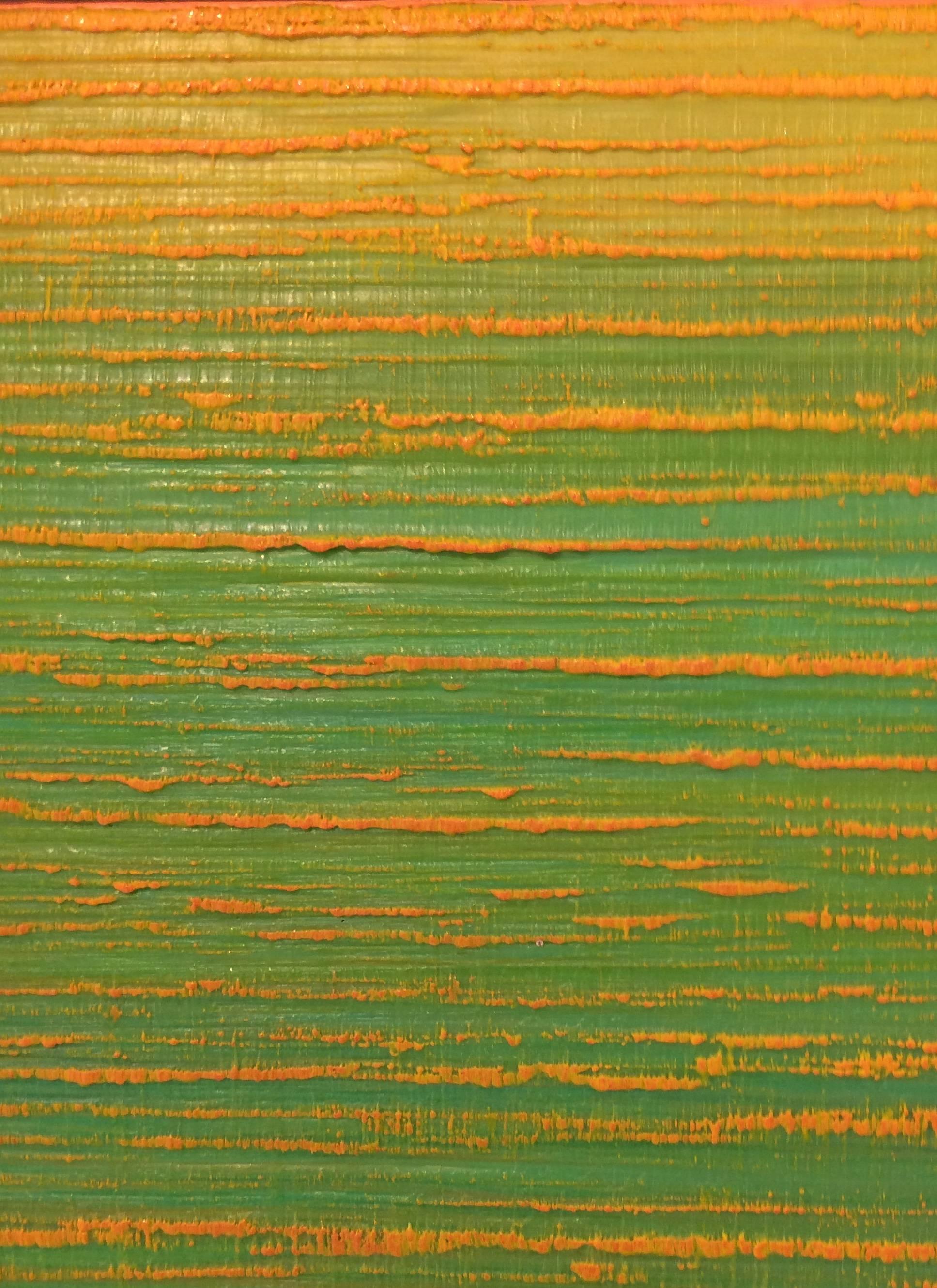 Silk Road 356, Square Color Field Painting Bright Green, Peach Coral For Sale 2
