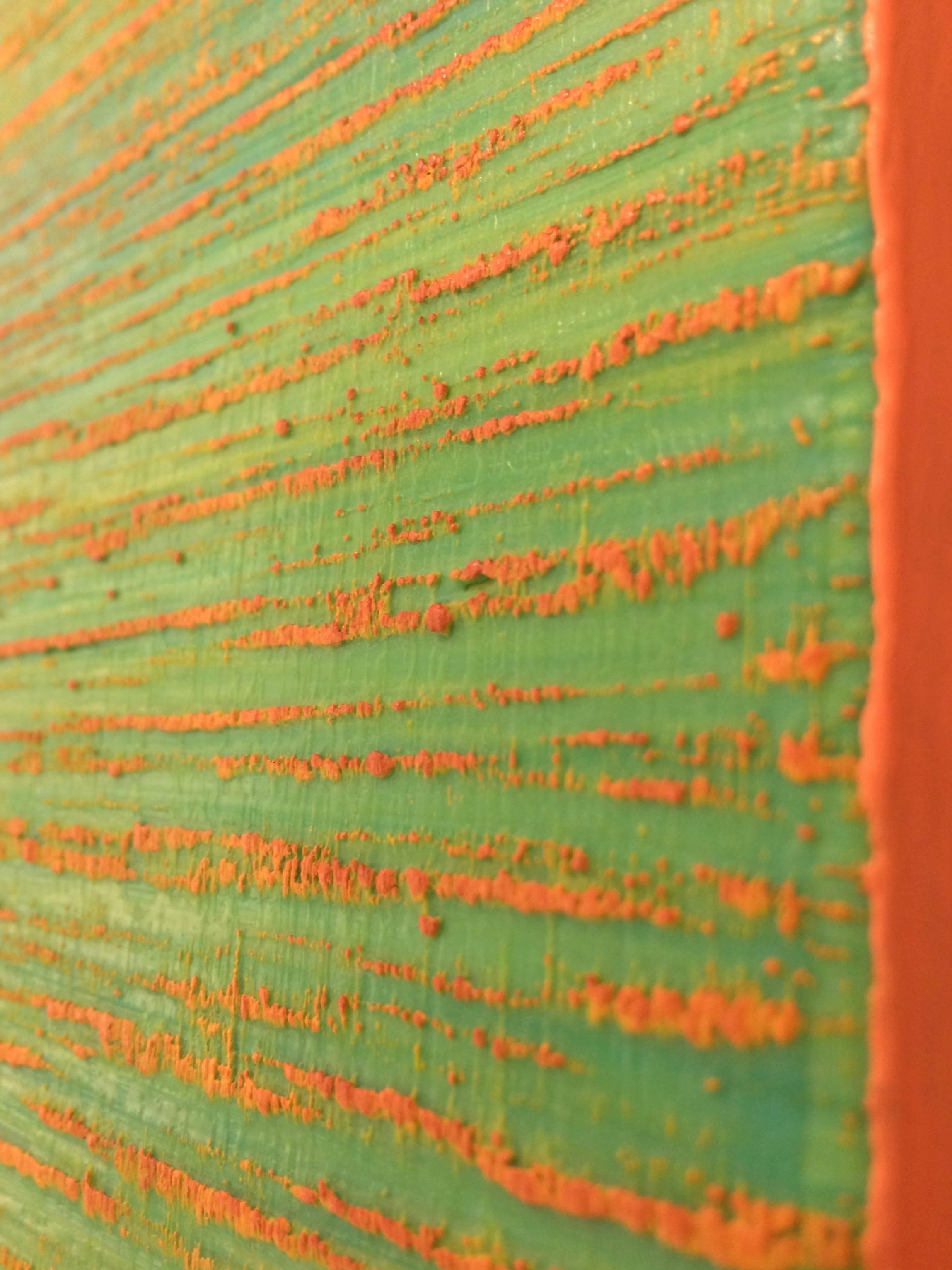 Silk Road 356, Square Color Field Painting Bright Green, Peach Coral For Sale 4