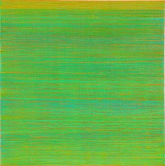 Silk Road 356, Square Color Field Painting Bright Green, Peach Coral