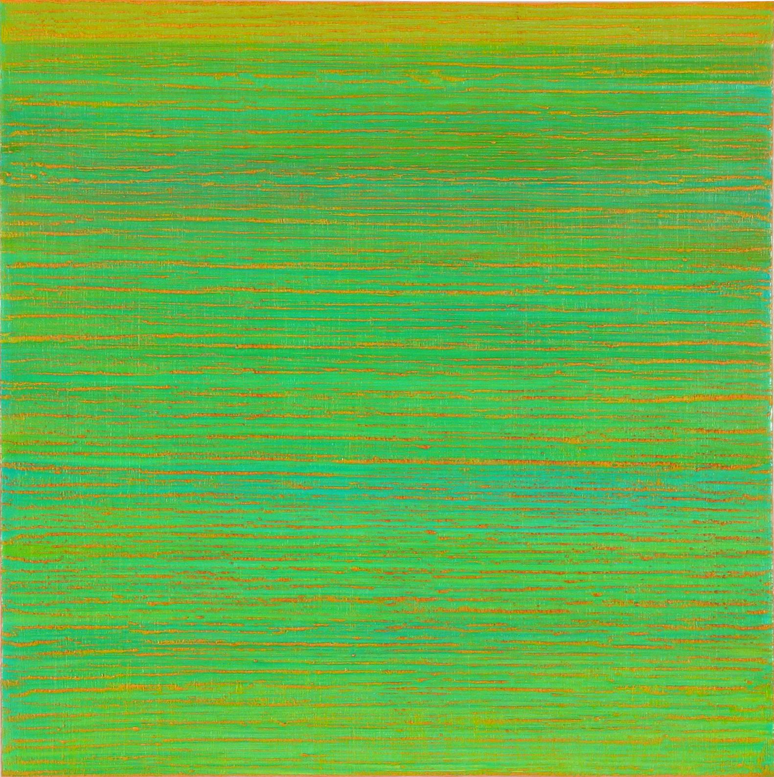 Joanne Mattera Abstract Painting - Silk Road 356, Square Color Field Painting Bright Green, Peach Coral