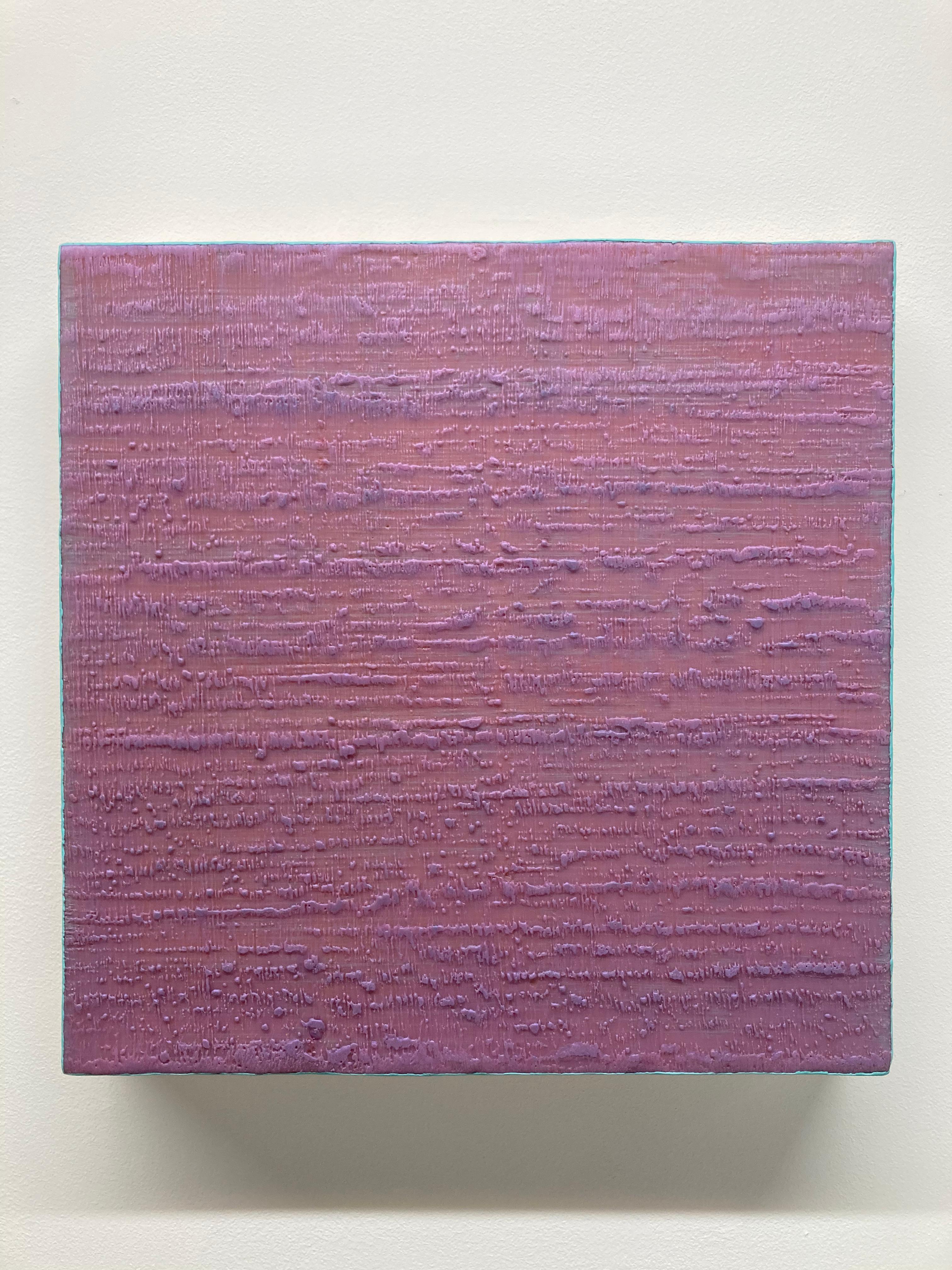 Pale lavender, pinky purple encaustic (pigmented beeswax) square painting on birch panel with light lilac details in and light teal blue along the edges. Signed and titled on verso.

Joanne Mattera’s paintings are can be described as lush