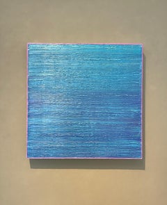 Peinture à l'encaustique « Silk Road 409 », bleu cobalt, violet et sarcelle, champ carré