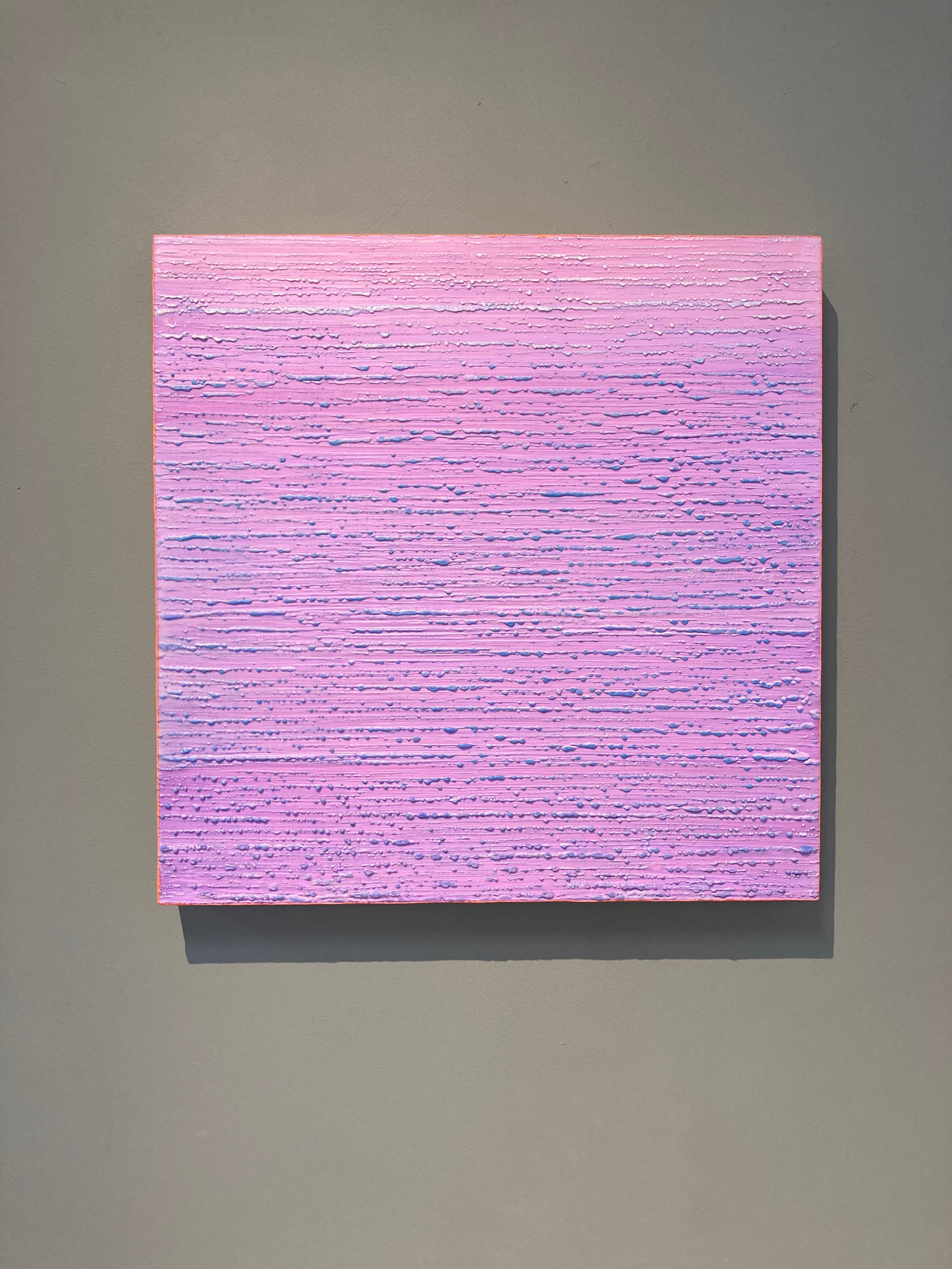 A light lilac purple encaustic (pigmented beeswax) painting with pale teal blue accents and bright coral edges on birch panel. Signed, dated and titled on verso.

Joanne Mattera’s paintings can be described as lush minimalism, the work is
