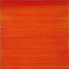 Seidenstraße 411, quadratisches Enkaustik-Farbfeldgemälde auf Tafel, Rot und Orange