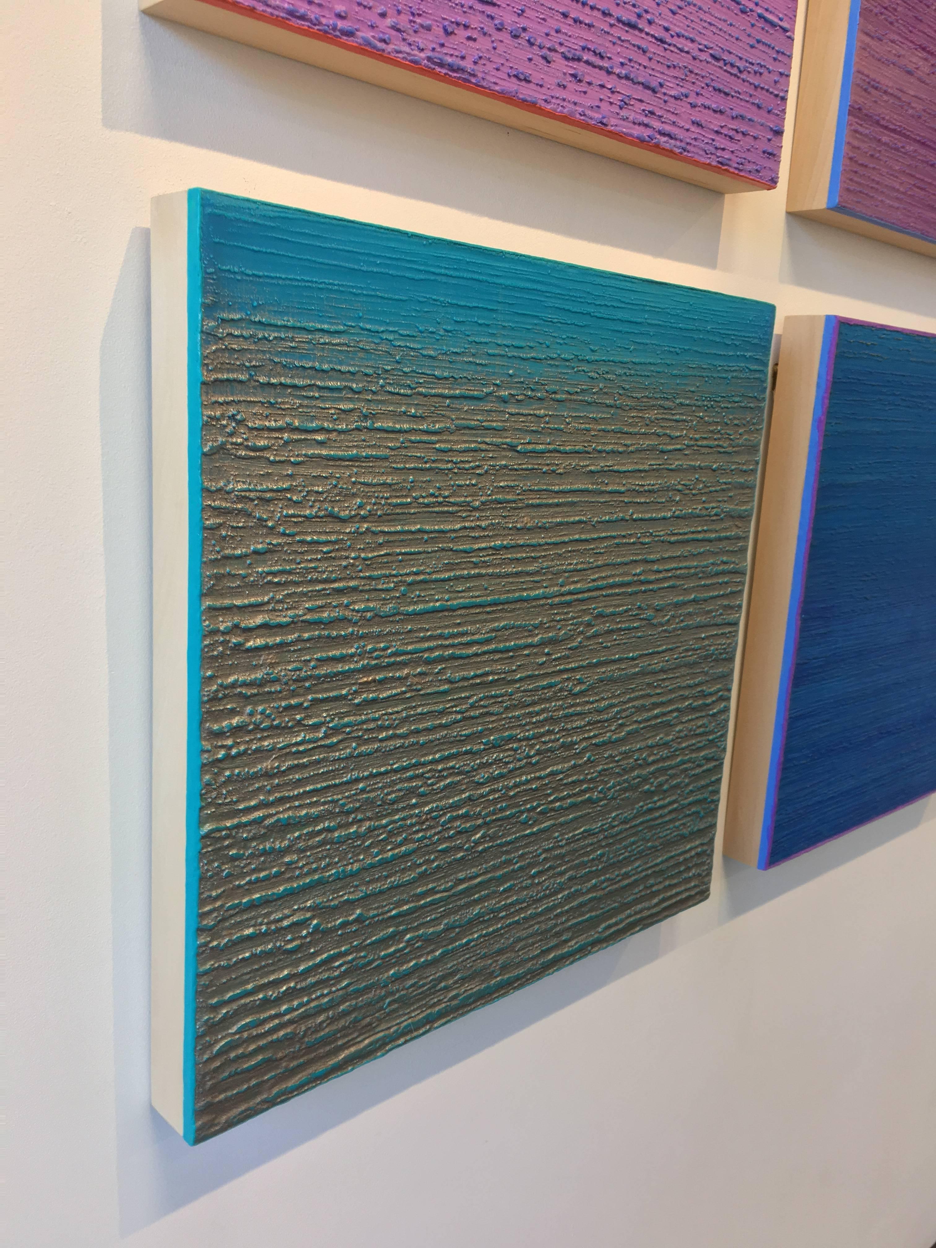 Silk Road 415, Metallic Silver, Bright Blue Square Encaustic Color Field - Contemporary Painting by Joanne Mattera