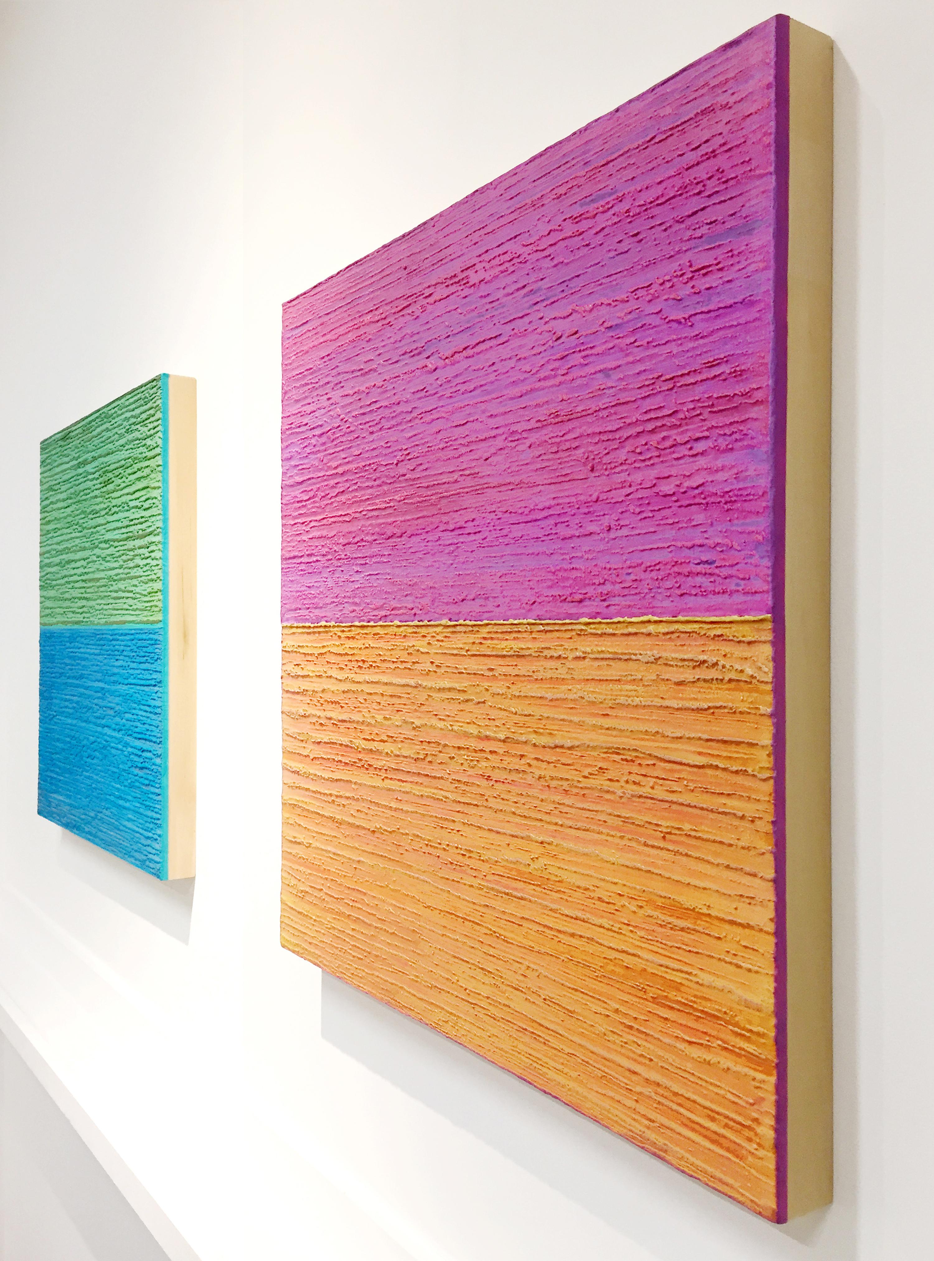 This is a square, vibrant orange and purple encaustic (pigmented beeswax) painting on birch panel accented with bright pink and subtle gold details. Signed, dated and titled on verso.

Joanne Mattera’s paintings can be described as lush minimalism,