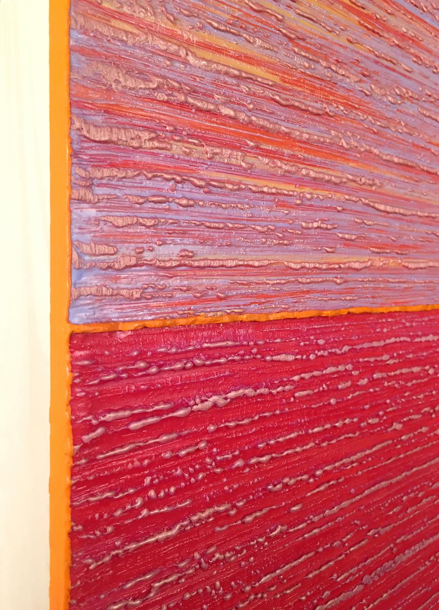 Una pintura abstracta contemporánea de encáustica (cera de abeja pigmentada) de color rosa iridiscente vibrante y rojo brillante, acentuada con detalles de coral, melocotón y naranja sobre panel de abedul. Firmado, fechado y titulado en el