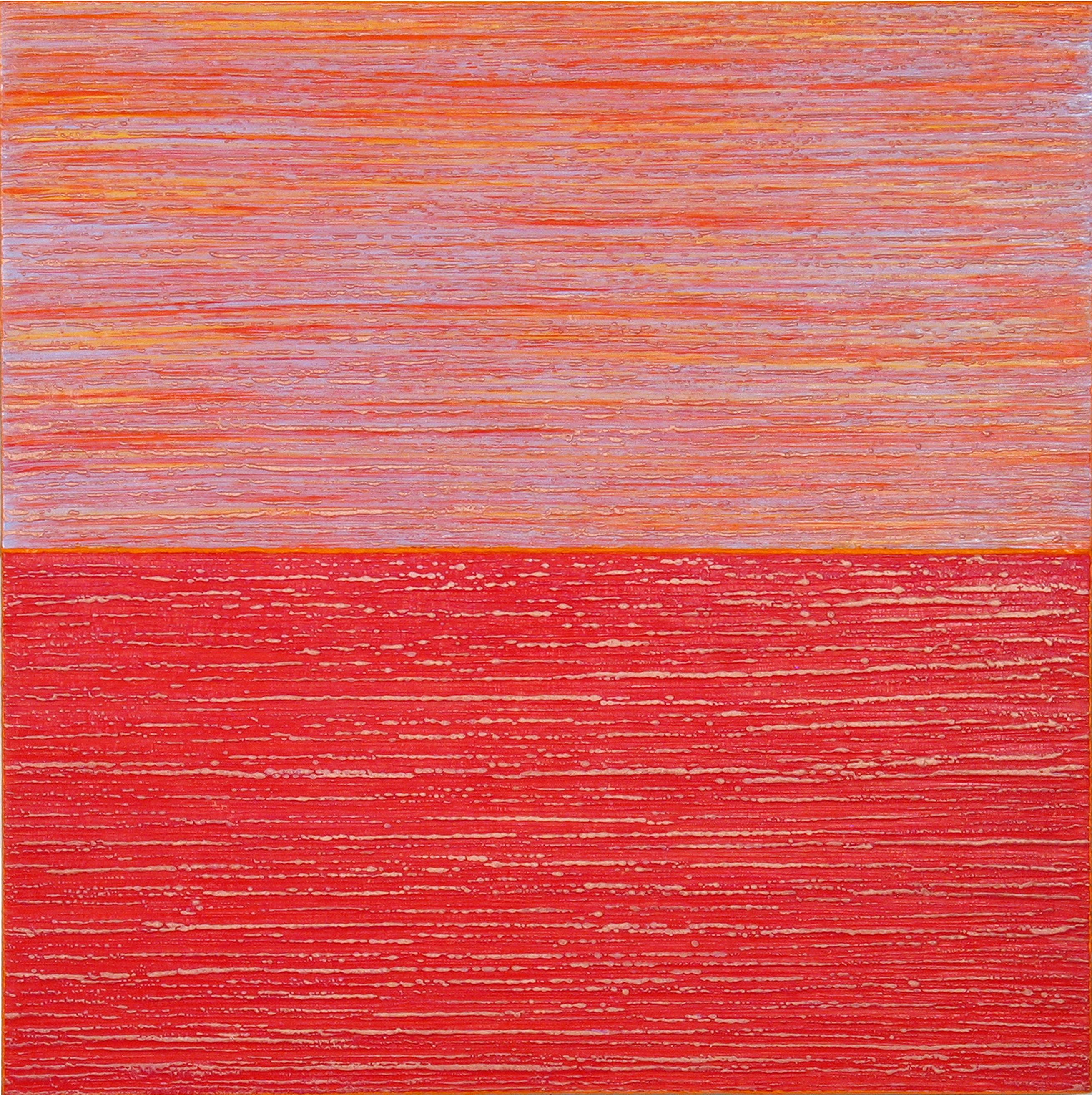 Joanne Mattera Abstract Painting - Silk Road 479, Square Color Field Painting, Iridescent Pink, Peach, Bright Red