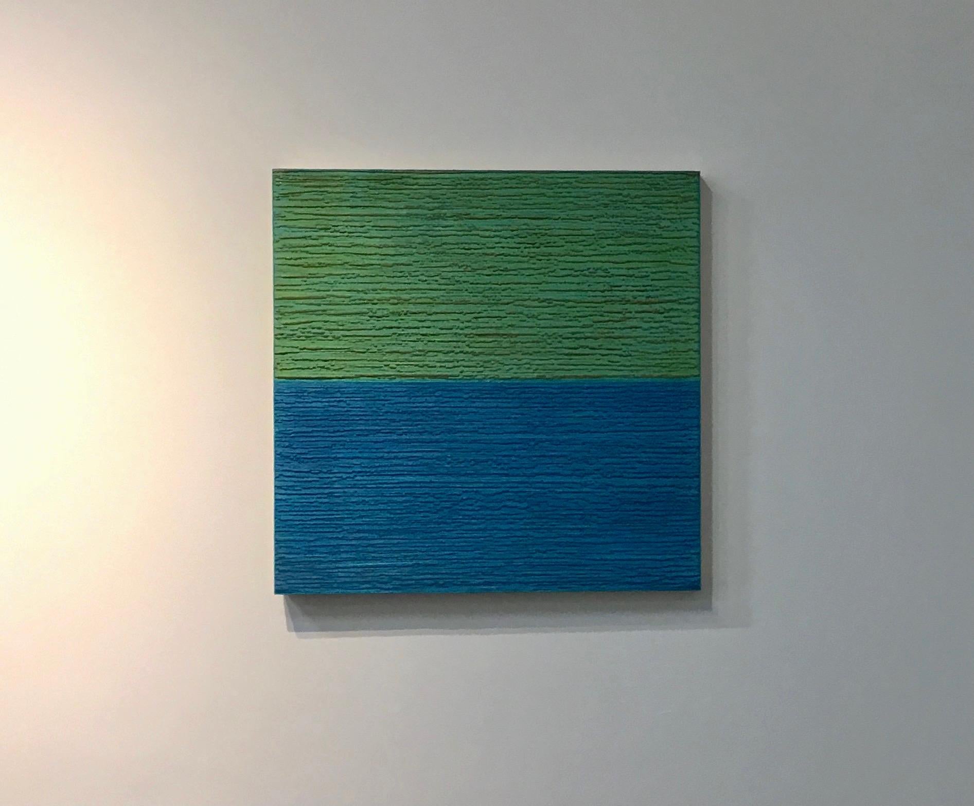 Vibrant mint green and sky blue encaustic (pigmented beeswax) painting accented with subtle gold and red details on birch panel. Signed, dated and titled on verso.

Joanne Mattera’s paintings can be described as lush minimalism, the work is