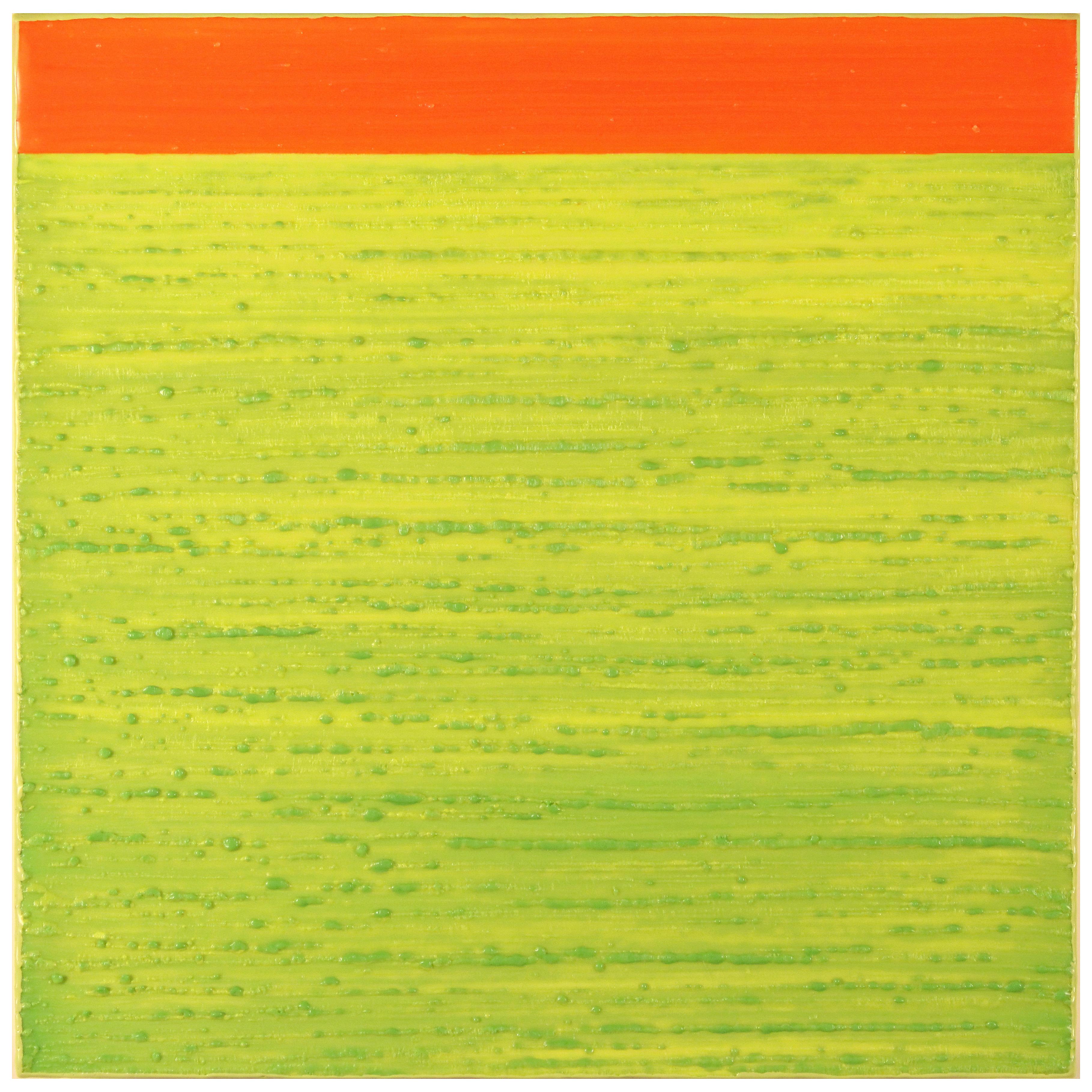 In this contemporary painting, luminous lime yellow green encaustic (pigmented beeswax) is accented with coral reddish orange towards the top edge. Signed, dated and titled on verso.

Joanne Mattera’s paintings can be described as lush minimalism,