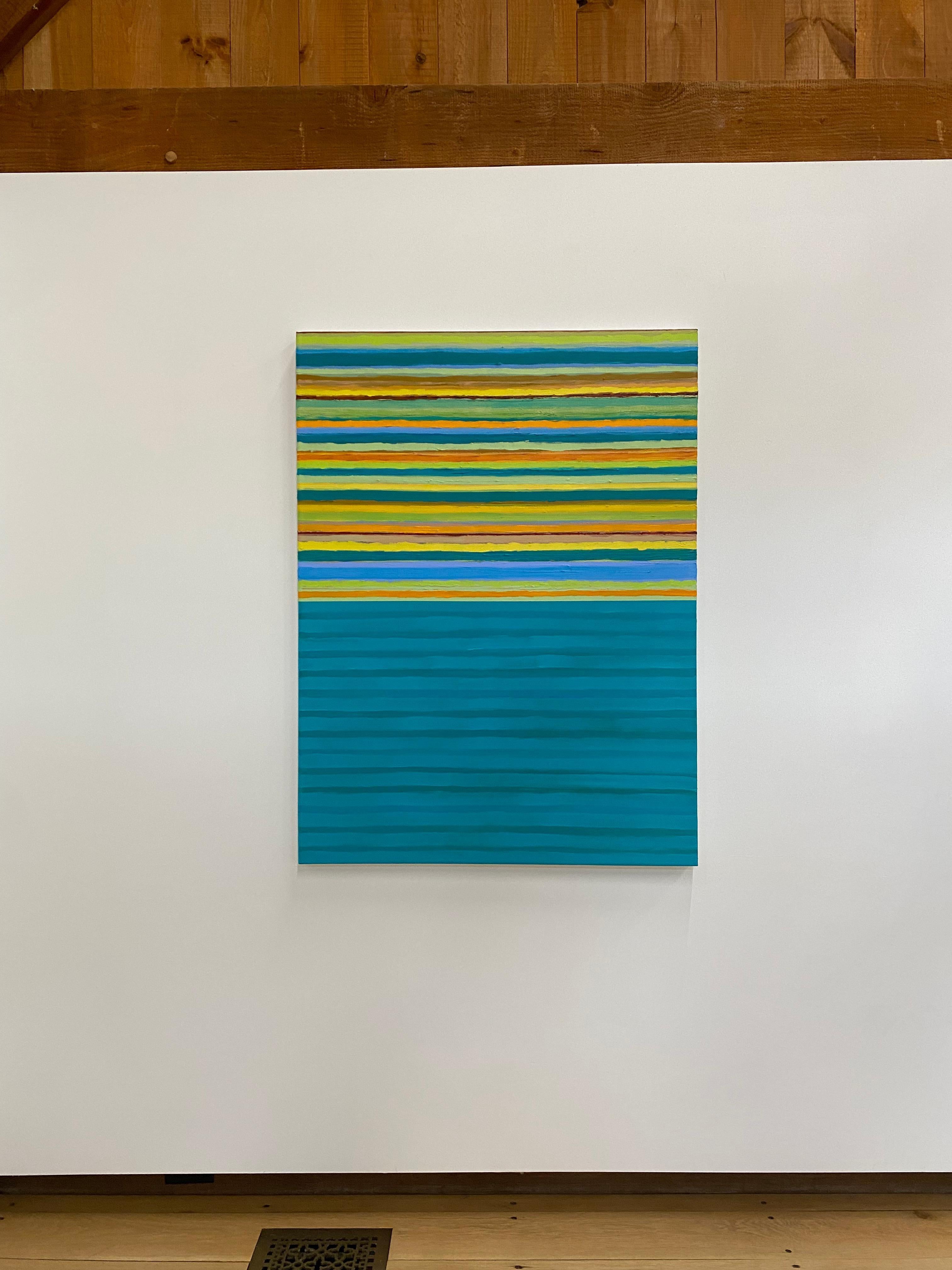 A contemporary, bright, colorful acrylic painting on canvas with lime green, periwinkle, golden orange, yellow and burgundy red stripes against a luminous light aqua blue background. Signed, dated and titled on verso.

Joanne Mattera’s paintings can