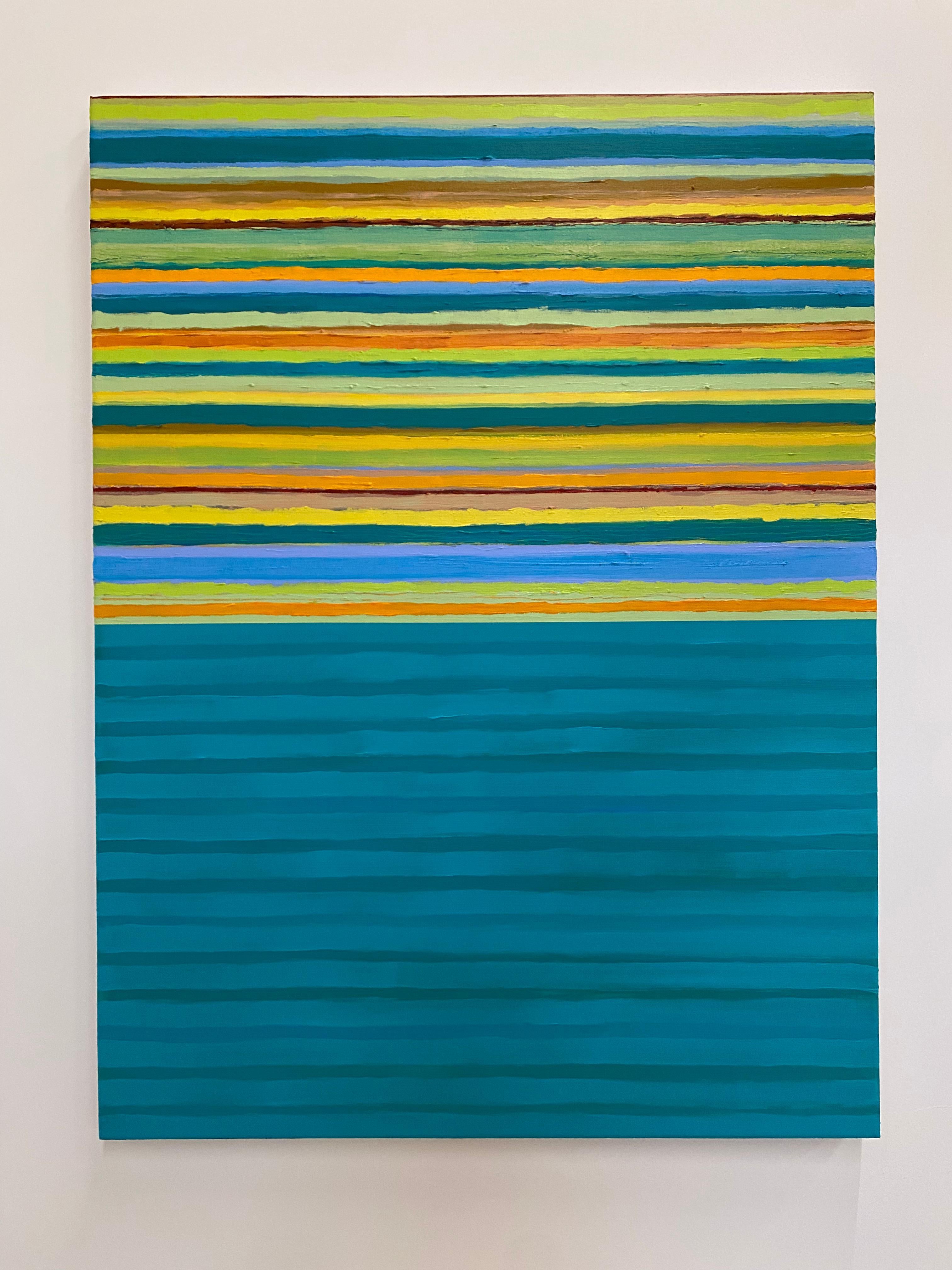 Tutto Eight, Light Teal Blue, Lime Green, Golden Yellow Orange Stripes - Contemporary Painting by Joanne Mattera