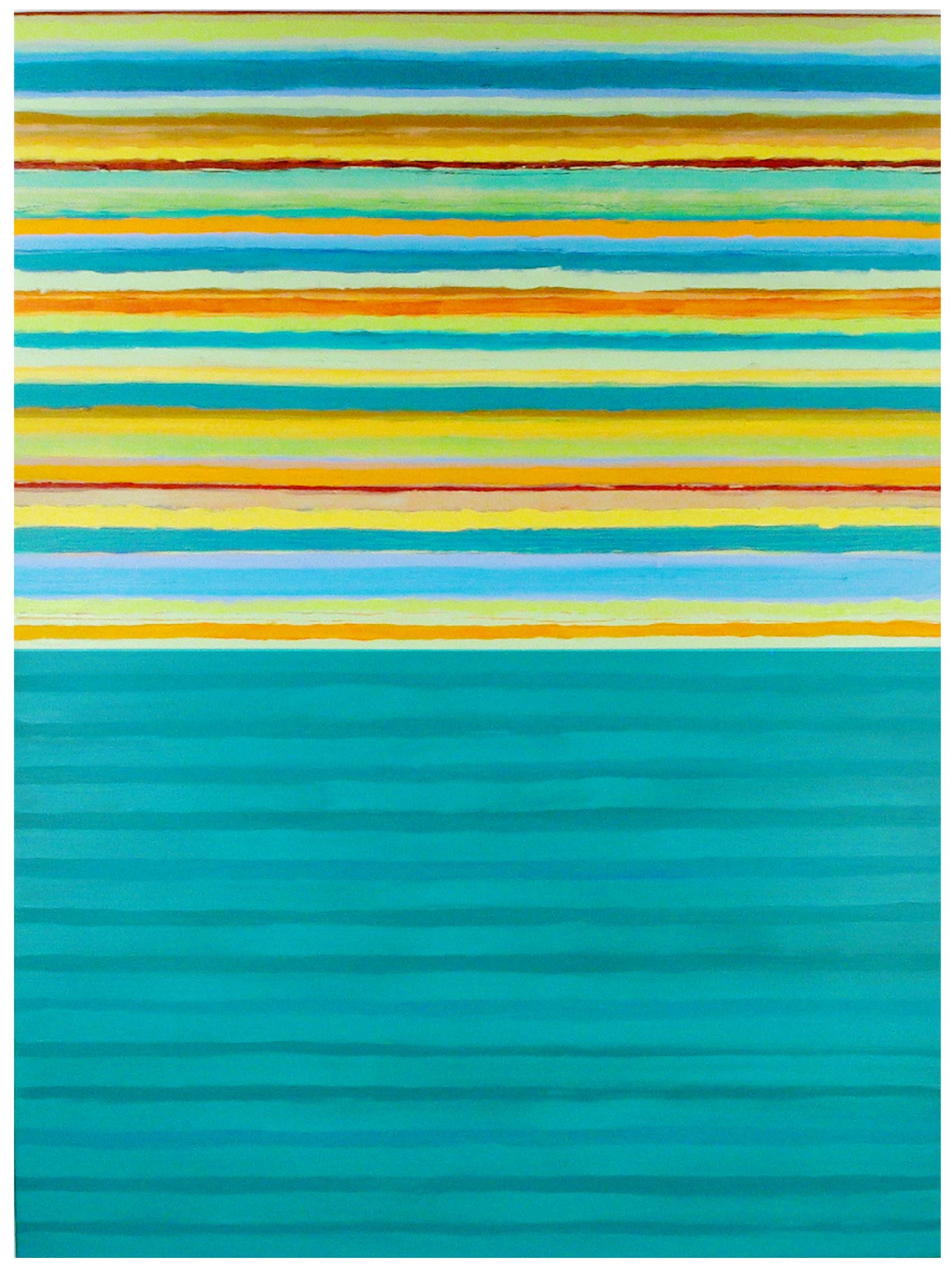 Tutto Eight, Light Teal Blue, Lime Green, Golden Yellow Orange Stripes - Painting by Joanne Mattera