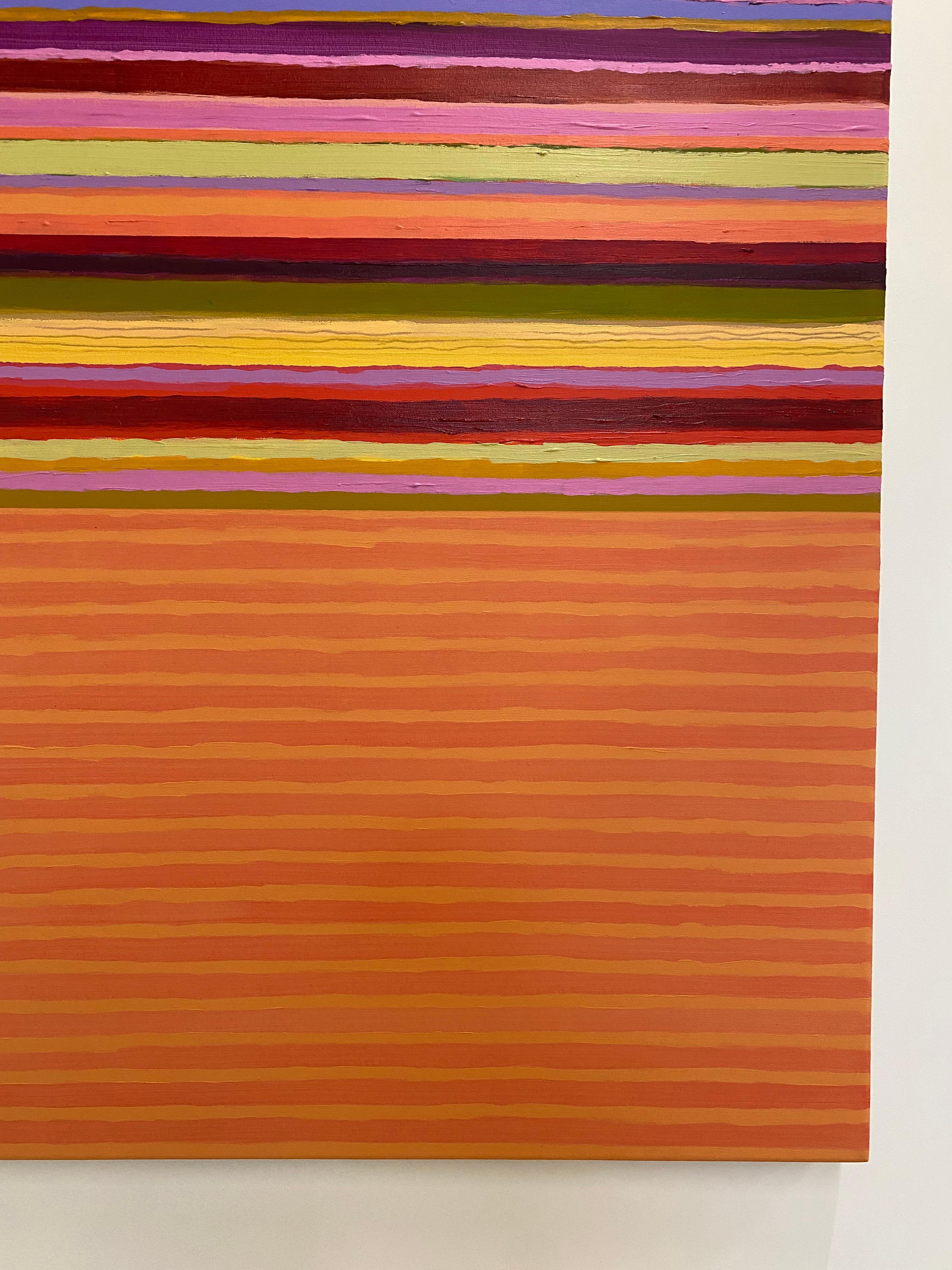 Tutto Nine, Coral Orange, Dark Red, Yellow, Pink Striped Mixed Media Painting For Sale 9