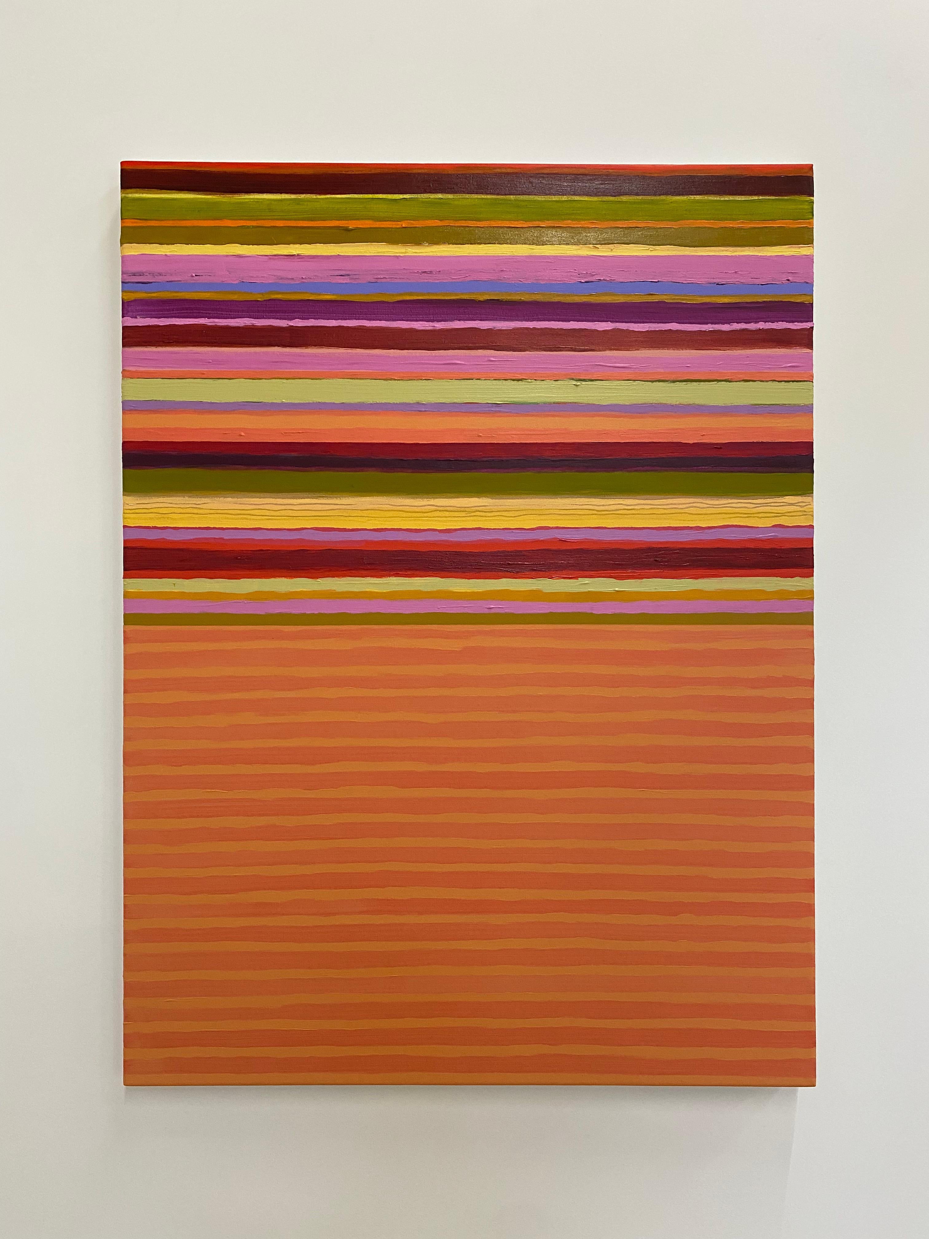 Tutto Nine, Coral Orange, Dark Red, Yellow, Pink Striped Mixed Media Painting For Sale 4