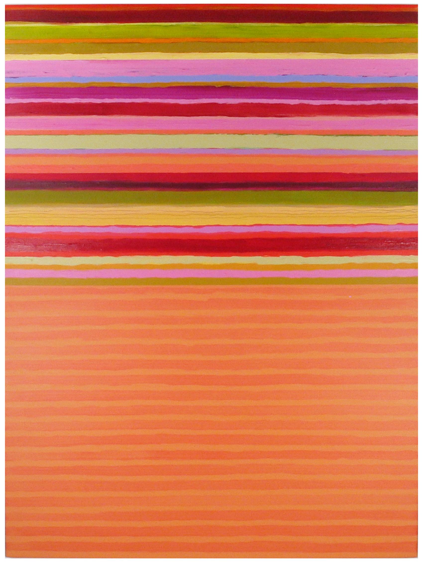 A bright multicolored painting with lime green, periwinkle, golden orange, yellow and burgundy red stripes against a luminous coral background. Signed, dated and titled on verso.

Joanne Mattera’s paintings can be described as lush minimalism, the