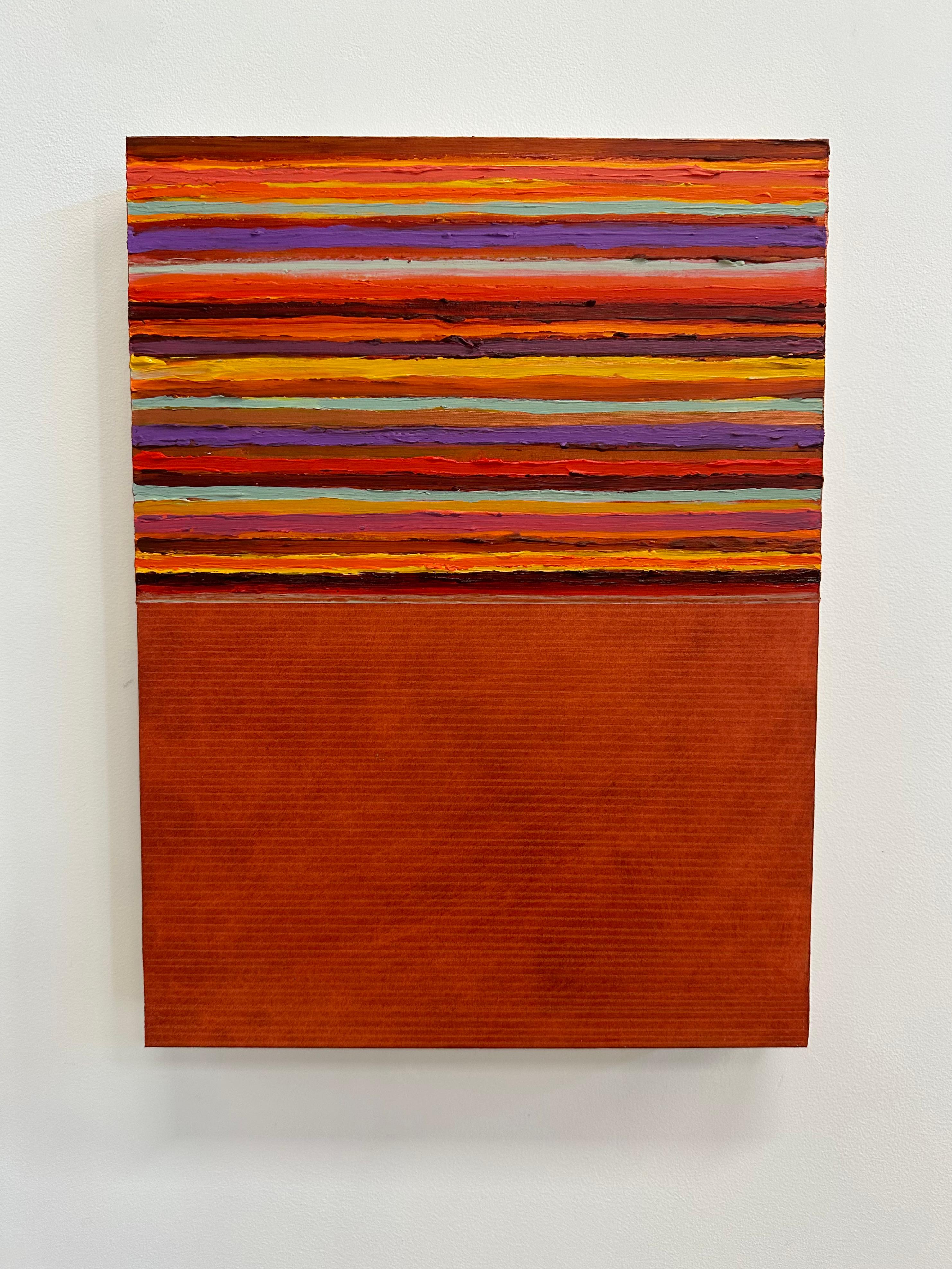 In this contemporary abstract painting in acrylic and mixed media on panel, yellow, aqua, burgundy and light violet stripes are bright against a vivid orange background. Signed, dated and titled on verso.

Joanne Mattera’s paintings can be described