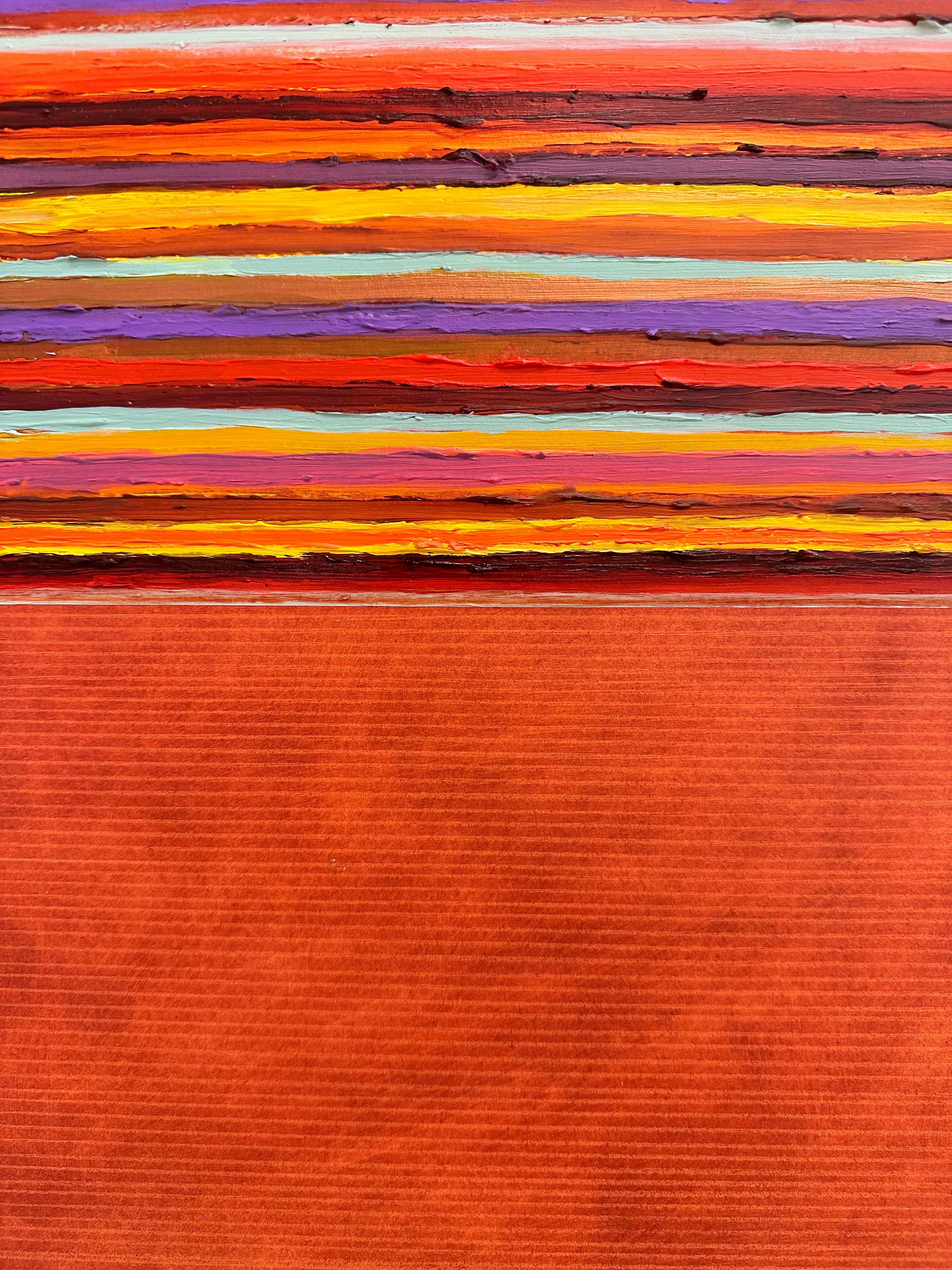 Tutto One - Striped Mixed Media Painting Orange Mint Green, Purple, Yellow For Sale 1