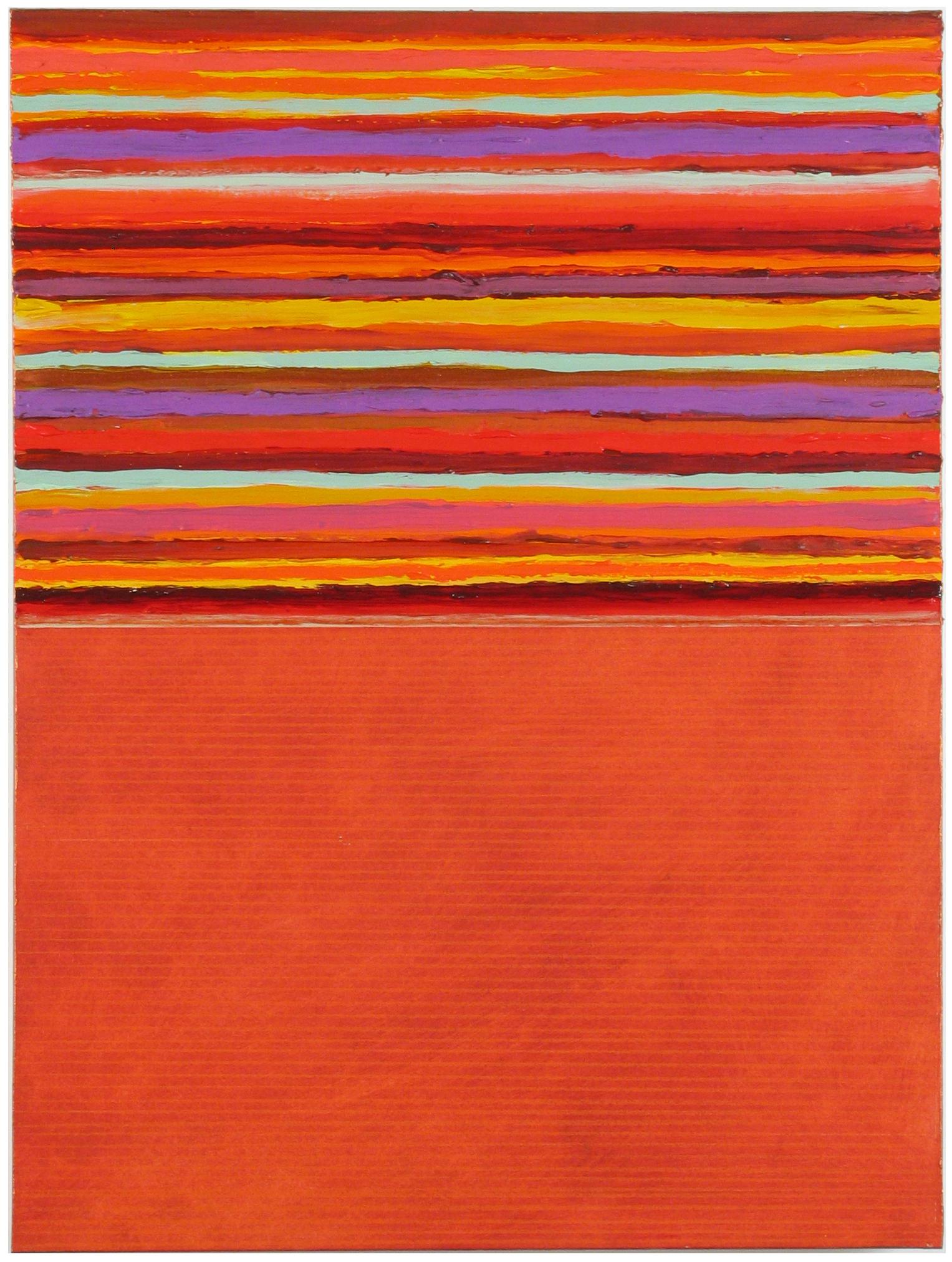 A multicolored painting with bright yellow, aqua, burgundy and light violet stripes against a vivid orange background. 

Joanne Mattera’s paintings can be described as lush minimalism, the work is chromatically rich and compositionally