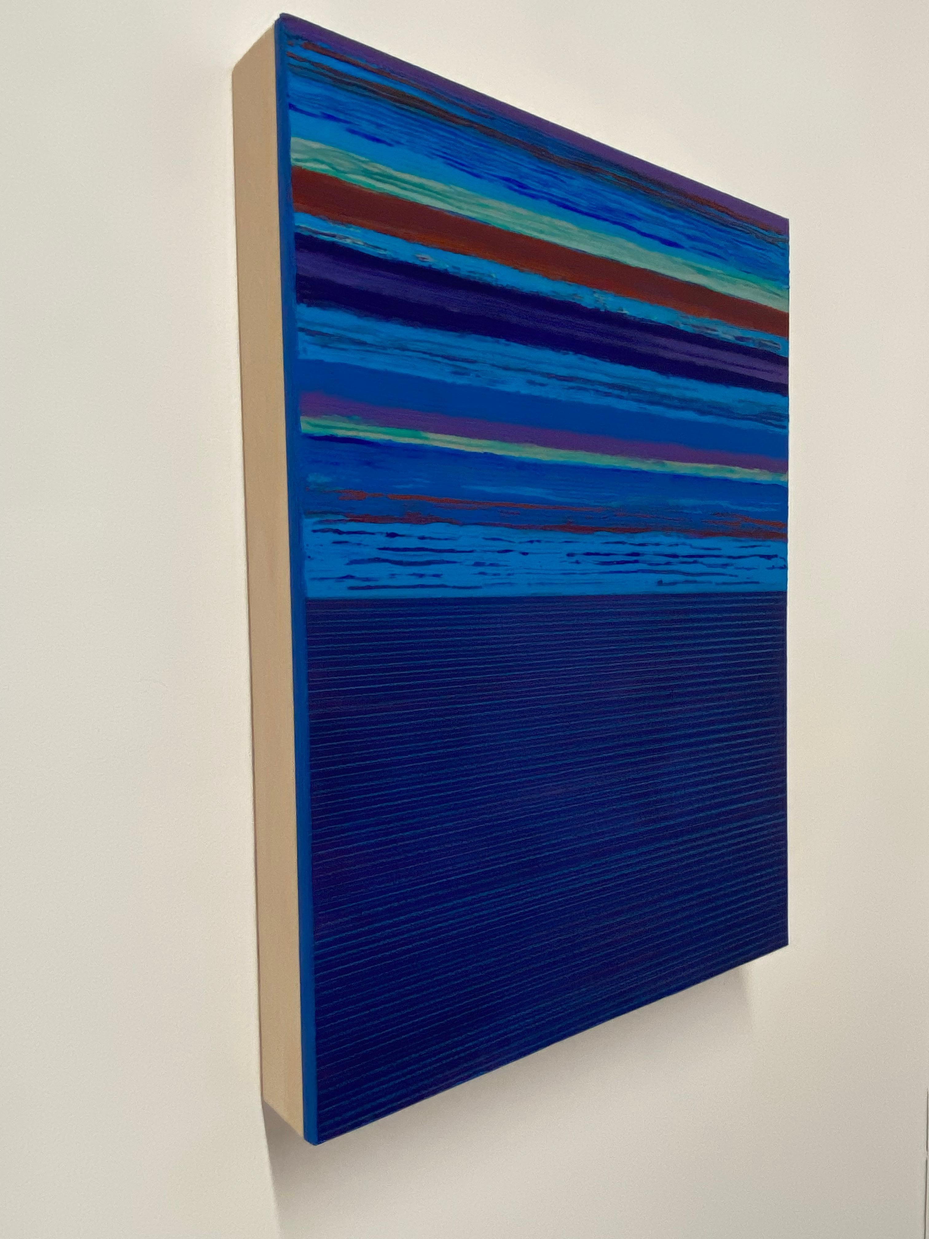 Mint green and burgundy red stripes are bright and colorful against a luminous cobalt blue background. Signed, dated and titled on verso.

Joanne Mattera’s paintings can be described as lush minimalism, the work is chromatically rich and