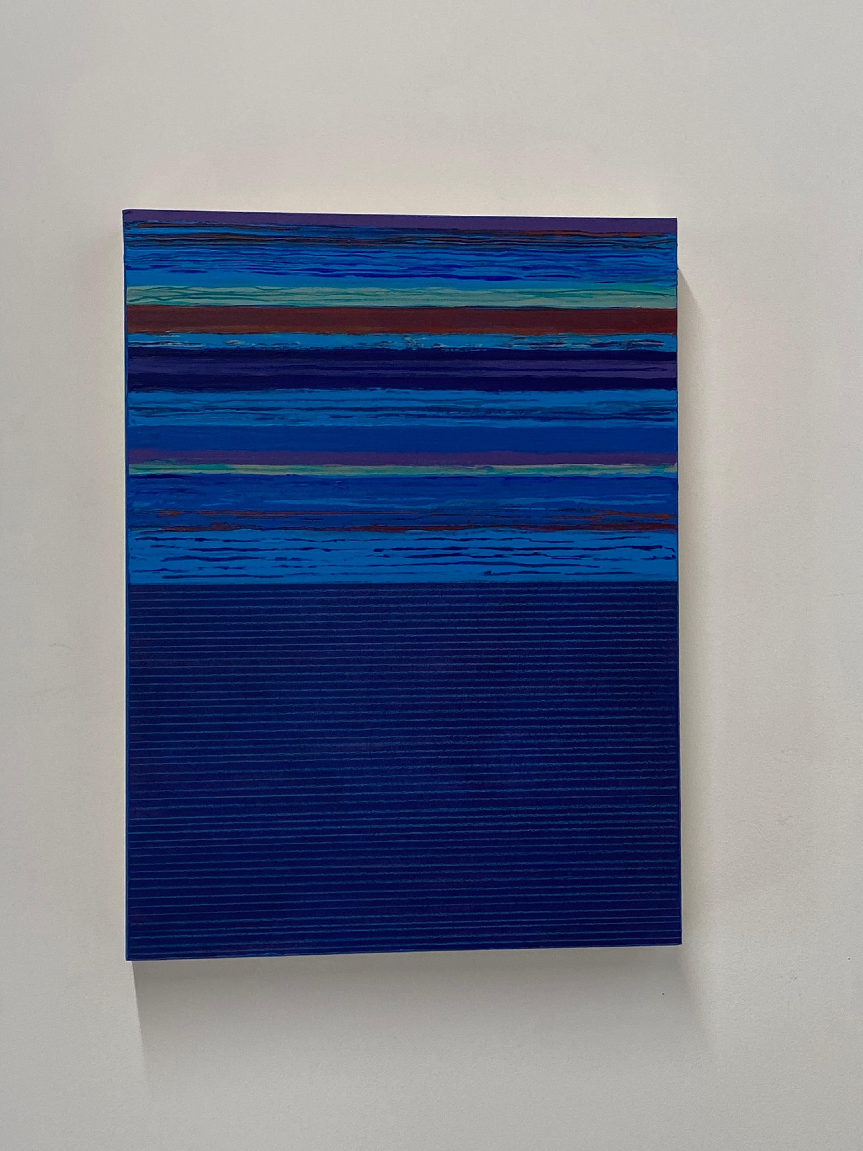 In this contemporary abstract painting in acrylic and mixed media on panel, mint green and burgundy red stripes are bright and colorful against a luminous cobalt blue background. Signed, dated and titled on verso.

Joanne Mattera’s paintings can be