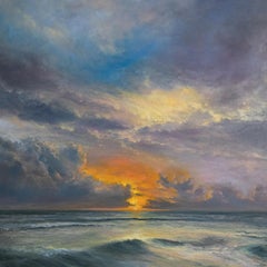Synergie -réalisme original paysage marin-océan-coucher de soleil peinture à l'huile-art contemporain