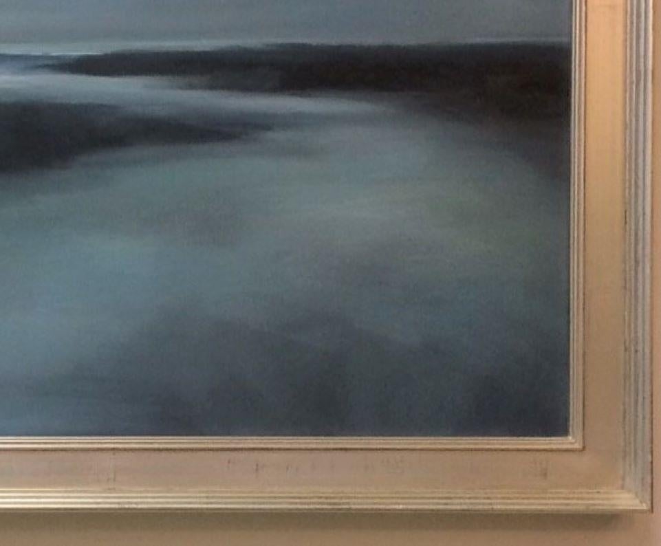 Witnessing the moon rise along the horizon, feels as though nature sings us a private lullaby.  The values of grays with blues creates a calming affect that touches the soul.  A true, crisp contemporary marine landscape, with clean lines throughout,