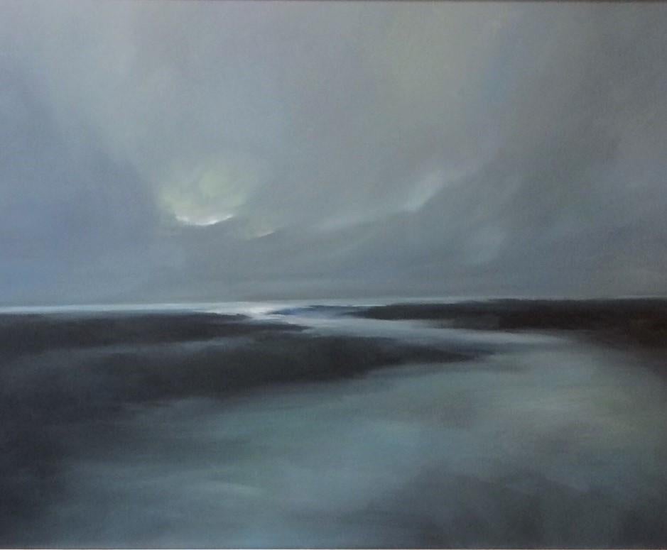 Moon Rise, original contemporary marine landscape - Gray Landscape Painting by Joanne Parent