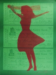 Imprimé Pop Art des années 1970 « Dancing Lessons #2 », sérigraphie de soie verte et rose, imprimé d'une danseuse de ballet