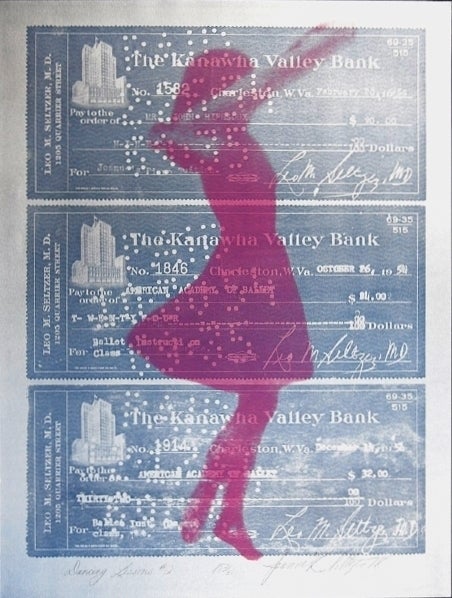 Printed on a slightly reflective metallic silver finished paper. there is a companion piece on a money green paper. A depiction of a ballet dancer, superimposed upon canceled dance class checks.  
Joanne Seltzer was born in Philadelphia,